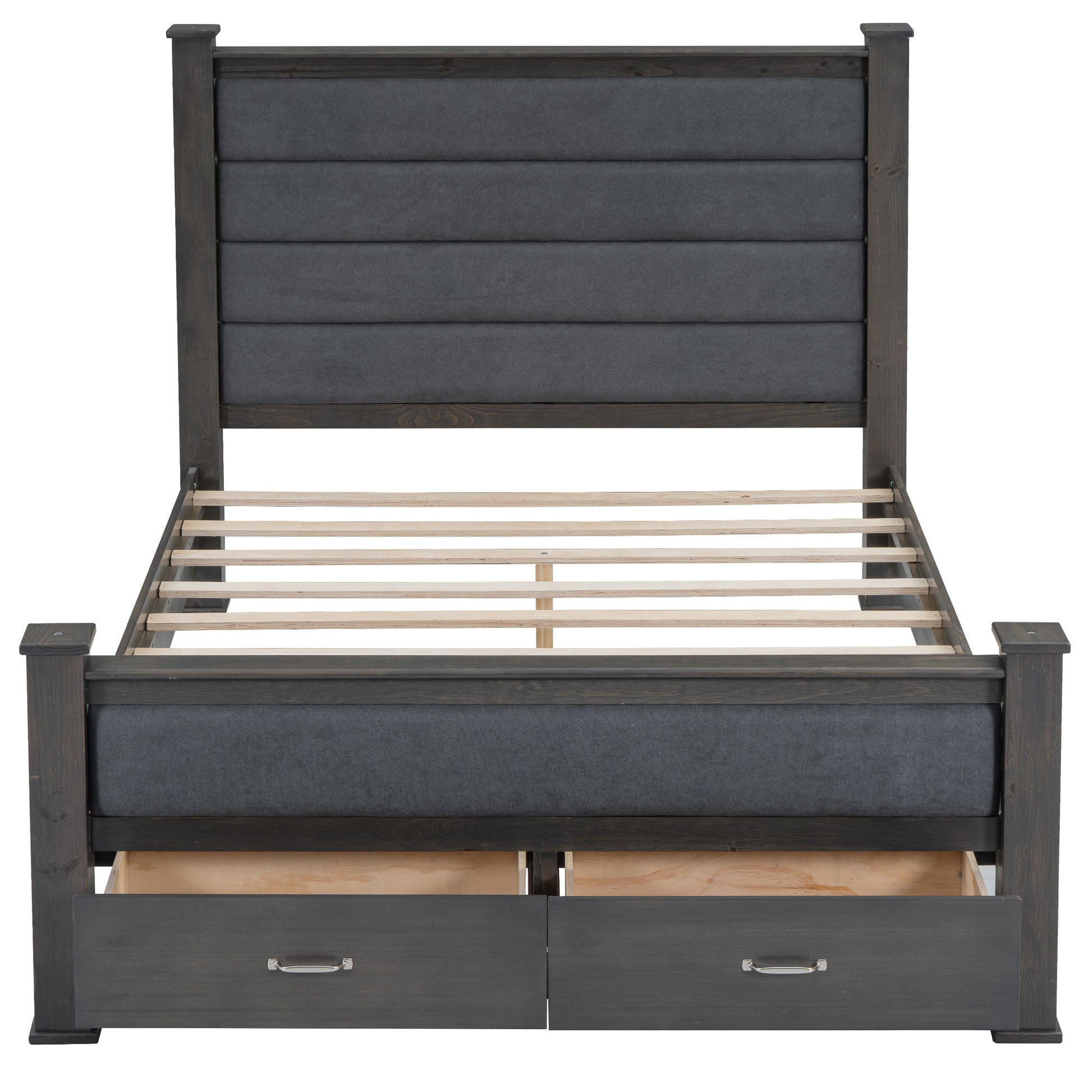 Queen Size Wood Frame Platform Bed With Upholstered Headboard, Footboard And 2 Drawers, Antique Gray Box Spring Not Required Queen Antique Gray Wood Bed Frame Solid Wood Mdf