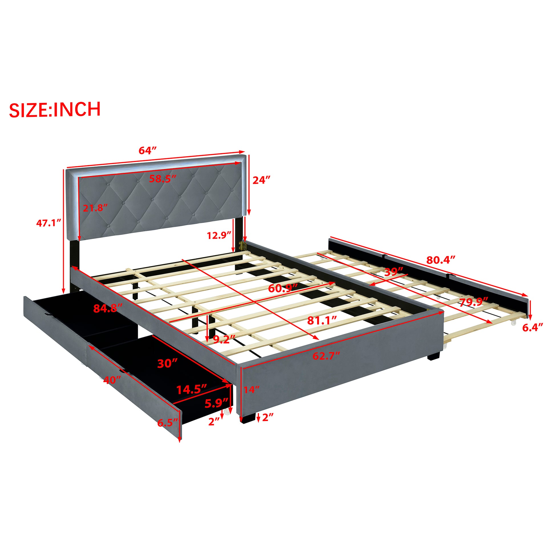 Queen Size Velvet Storage Platform Bed, With 2 Big Drawers, Twin Xl Size Trundle And Led Light, Gray Gray Velvet