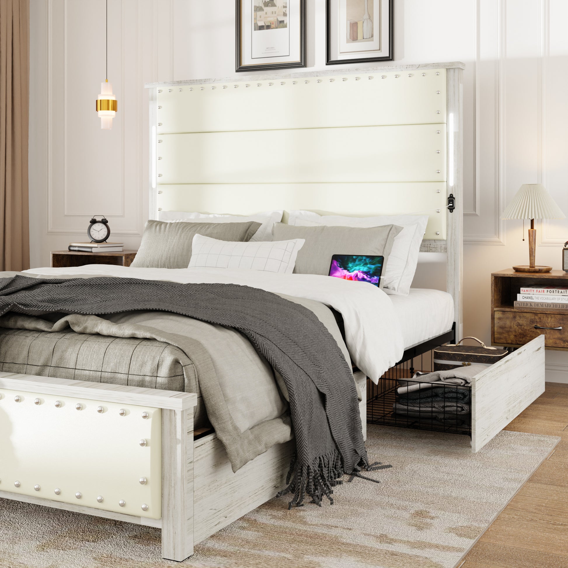 Queen Size Bed Frame With Upholstered Headboard And 4 Storage Drawersqueen Bed Frame With Charging Station And Led Lights, Wood Slats, Beige Faux Leather & Rivets, No Box Spring Needed Box Spring