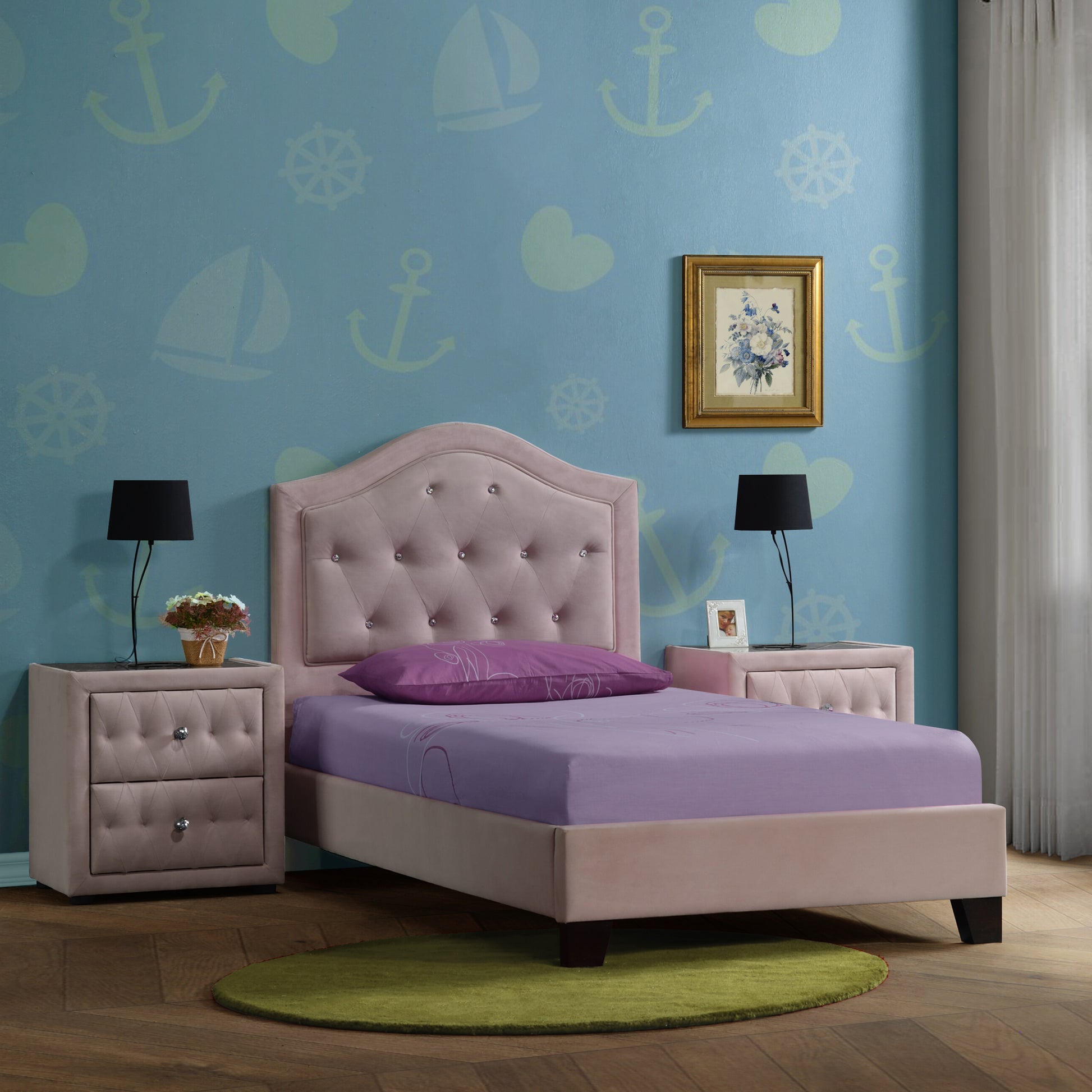 Pink Twin Tufted Headboard Upholstered Bed Twin Box Spring Not Required Pink Wood Wood Fabric
