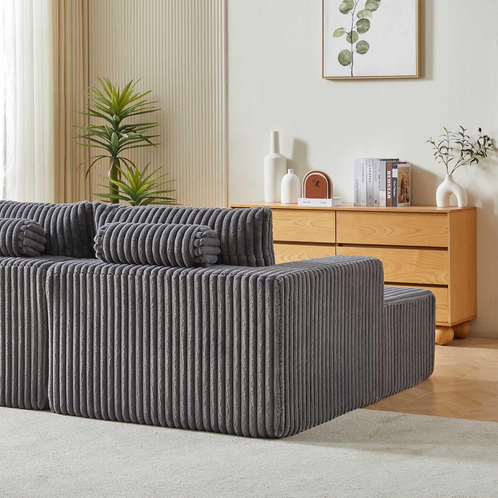 87" Oversized Sectional Lounge Chaise ,No Assembly Required,Cloud Plush Loveseat With Reclining Sofa Bed,Fluffy Modern Sleeper Chair For Indoor Living Room Bedroom Grey Corduroy 2 Seat