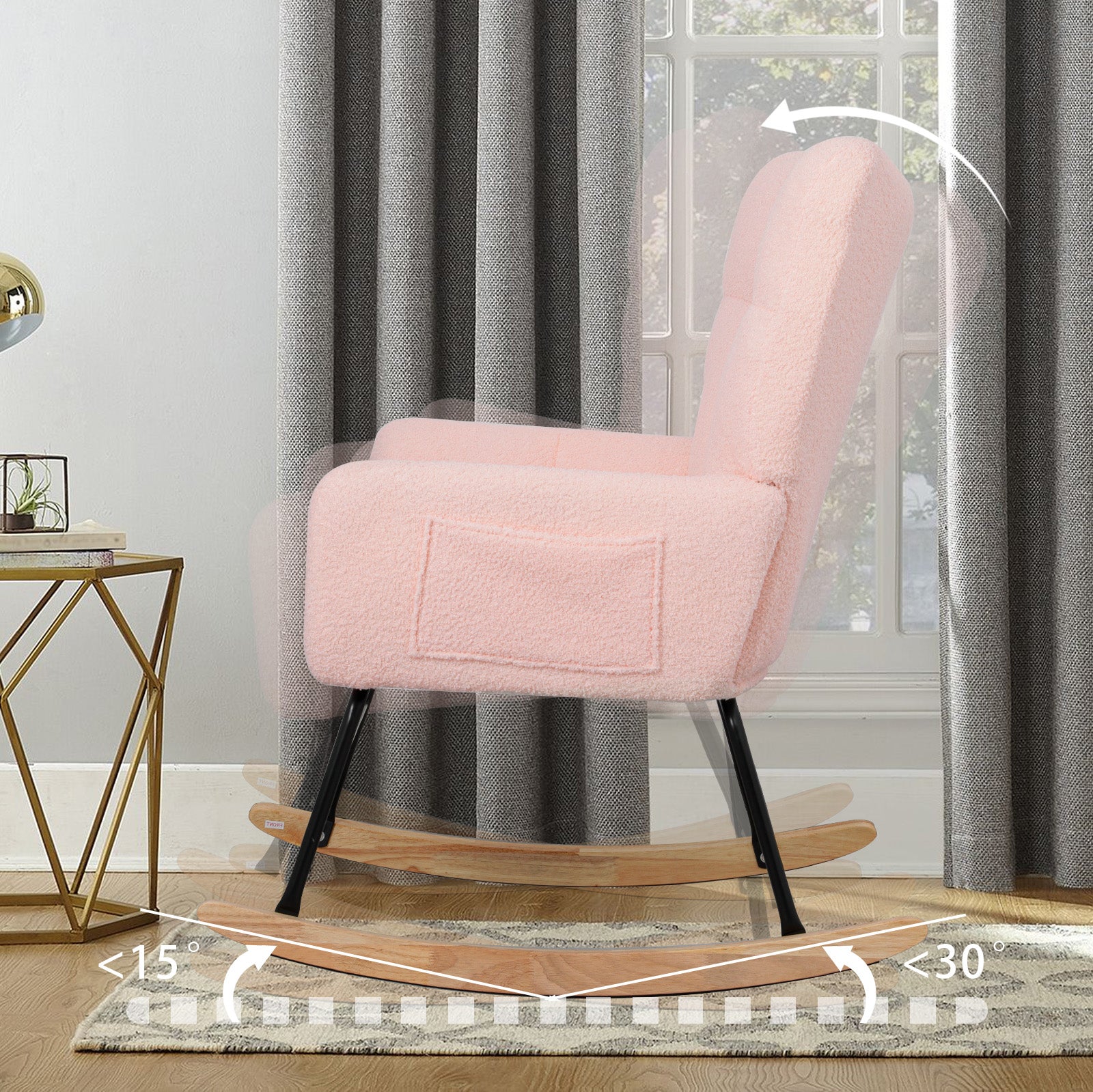 Teddy Fabric Rocking Chair, Modern Rocking Accent Chair For Nursery, Living Room, Bedroom, Pink Metal Pink Bedroom Foam Wipe Clean Modern Rocking Chairs Foam Wood Metal