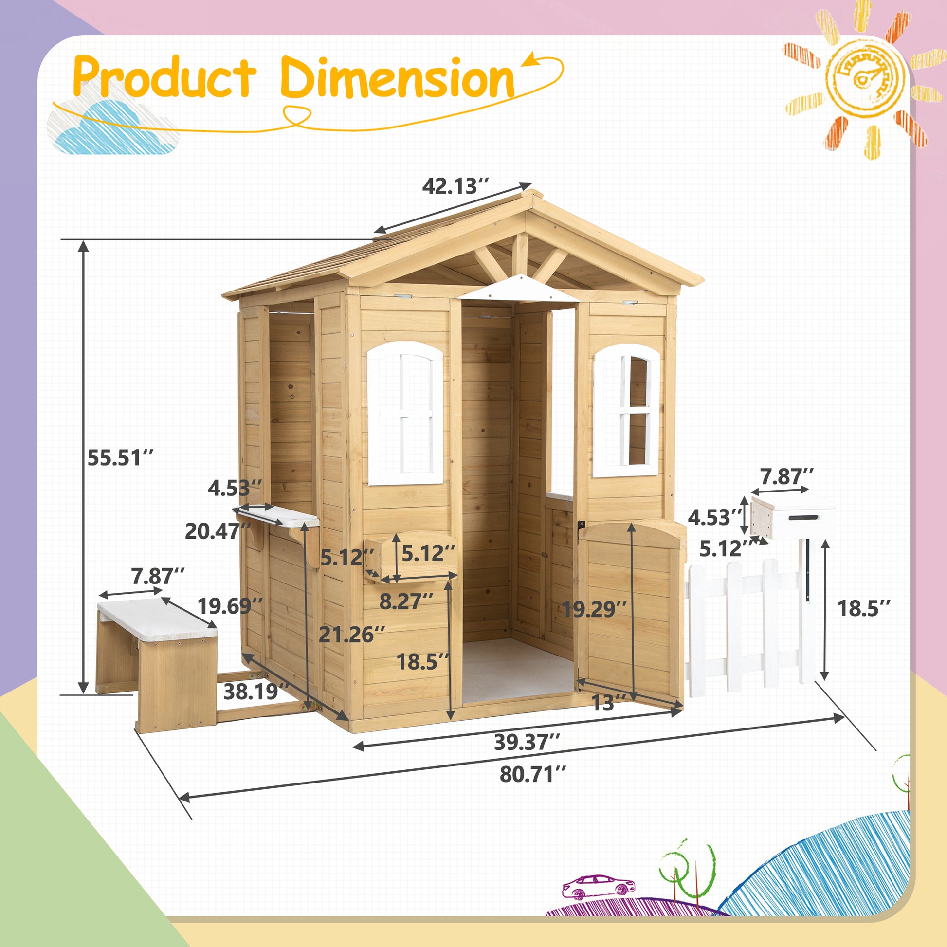 Wooden Playhouse For Kids Outdoor With Working Door, Windows, Mailbox, Bench, Flowers Pot Holder, 39" X 38" X 55.5" Natural Solid Wood