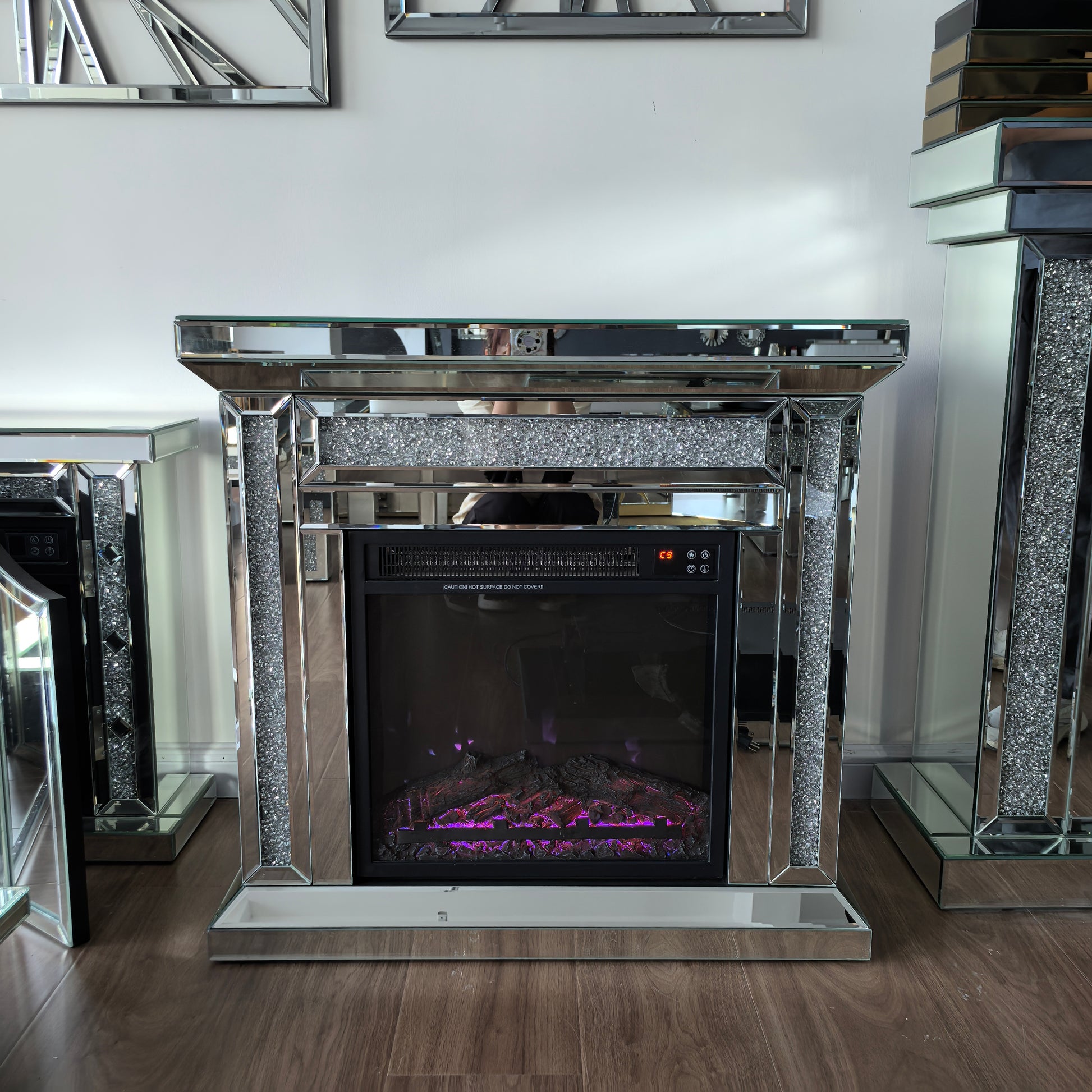 Mirrored Mantel Freestanding Electric Fireplace Heater Corner Firebox W 3D Realistic Flame Effect Mirrored Color Changing Electric Fireplace W Remote Control Silver Silver 400 Primary Living Space