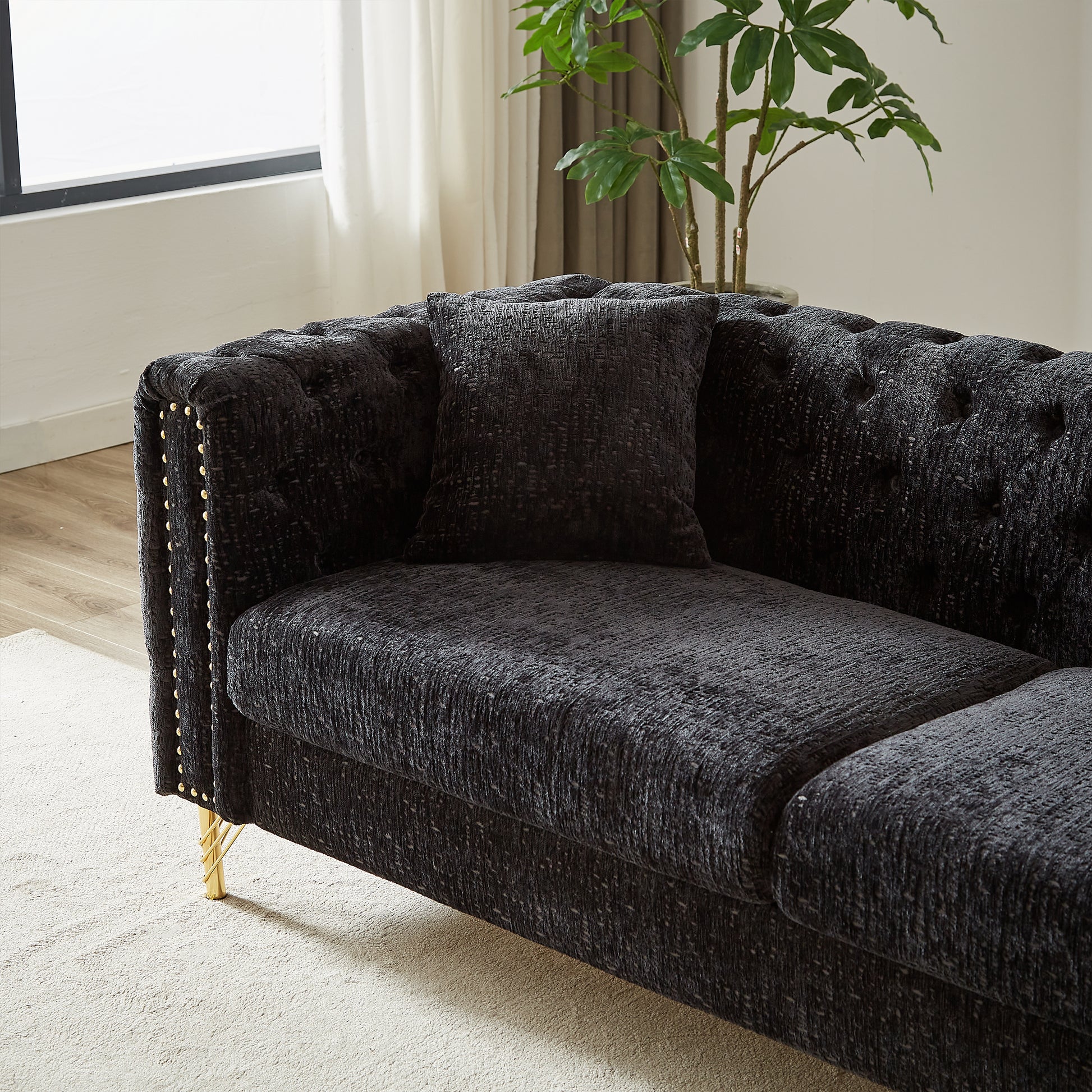 Chenille Pull Buckle Design Sofa For Living Room,Buttons Tufted With Copper Nail Decoration Armrest, Modern Couch Upholstered Button And Metal Legs Black Foam Chenille 5 Seat