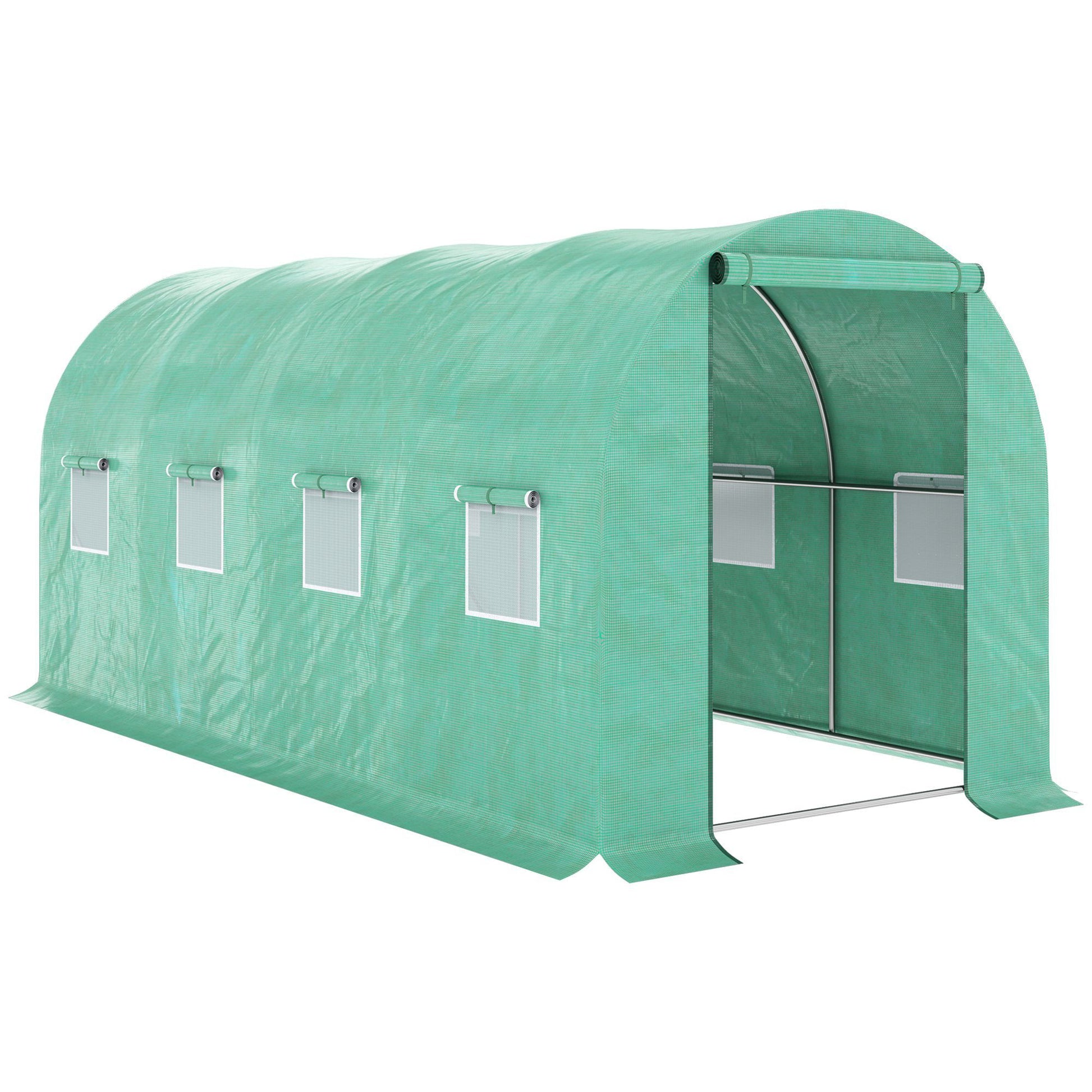 Outsunny 15' X 7' X 6.5' Walk In Tunnel Hoop Greenhouse, Green House With Polyethylene Pe Cover, Steel Frame, Roll Up Zipper Door & Windows For Flowers, Vegetables, Tropical Plants, Green Green Steel