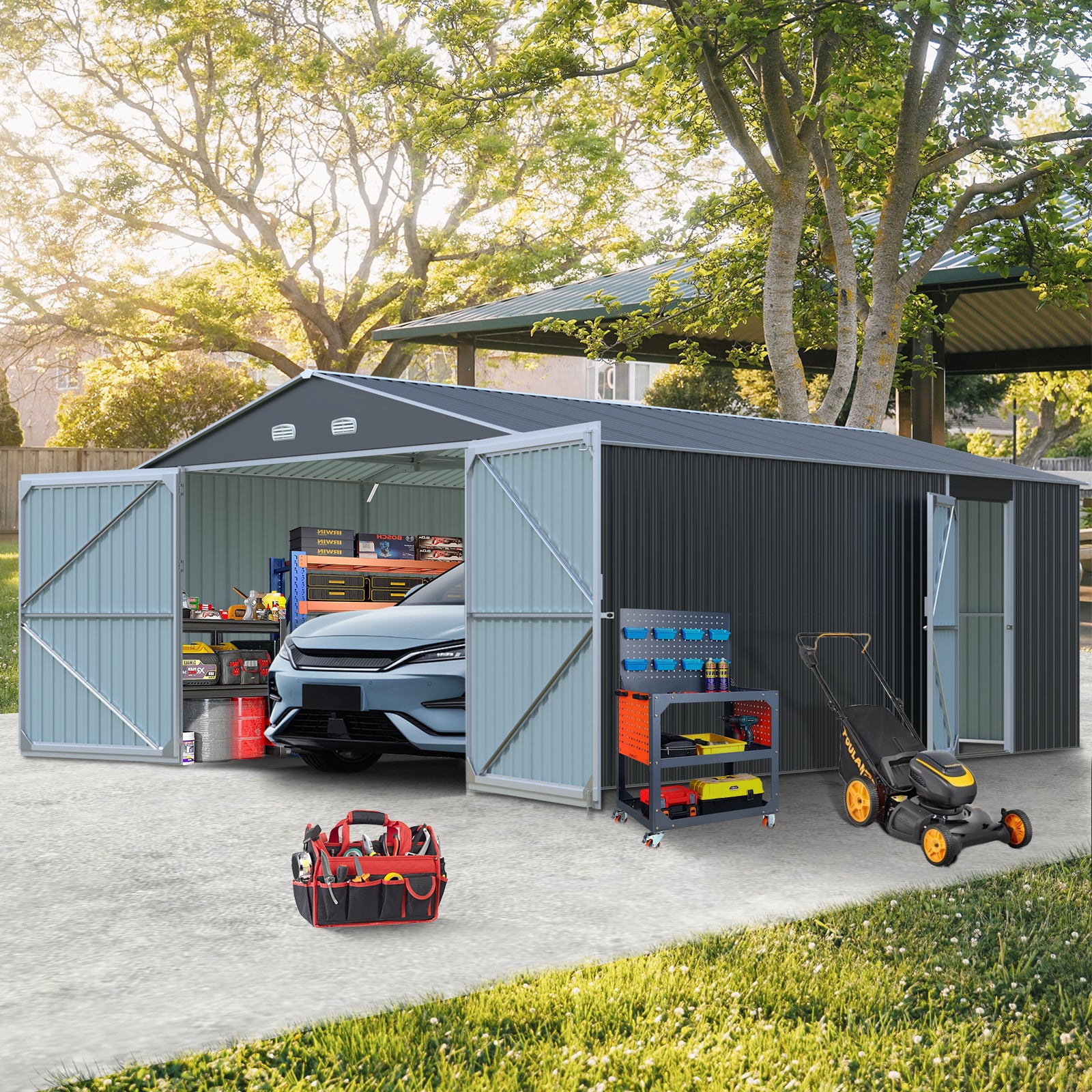 Spacious Outdoor Storage Shed: This 13X20Ft Outdoor Storage Shed Offers A Generous 250 Square Feet Of Floor Space, Perfect For Storing Trucks, Cars, Large Tools, And Lawn Equipment. With Double