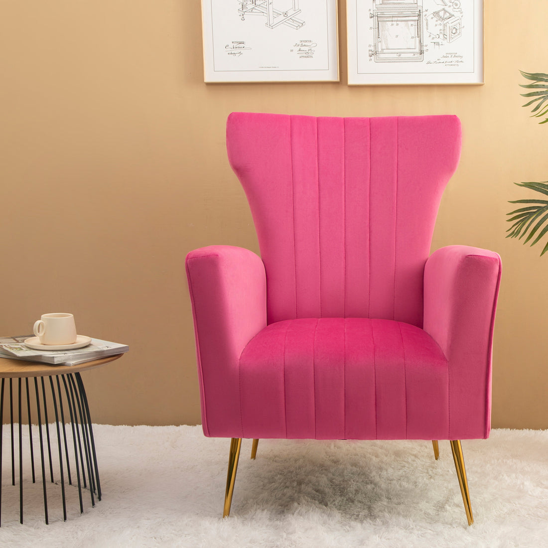 Velvet Accent Chair, Wingback Arm Chair With Gold Legs, Upholstered Single Sofa For Living Room Bedroom Rose Red Velvet 1 Seat