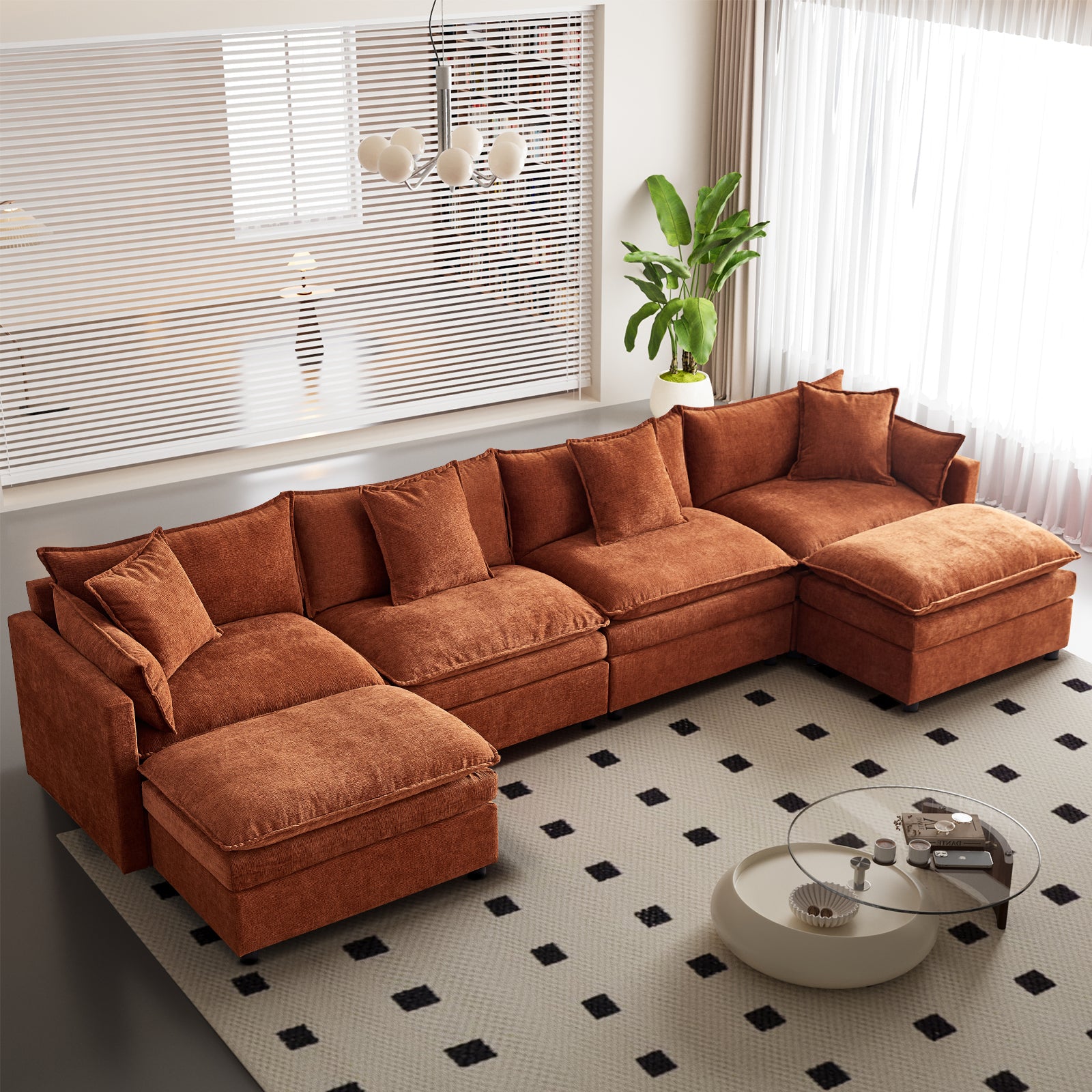 142.52"Modern Chenille U Shaped Sectional Sofa With Convertible Chaise, Comfy Cloud Couch Deep Sectional Sofa With Ottomans For Living Room Orange Wood Foam Chenille 4 Seat