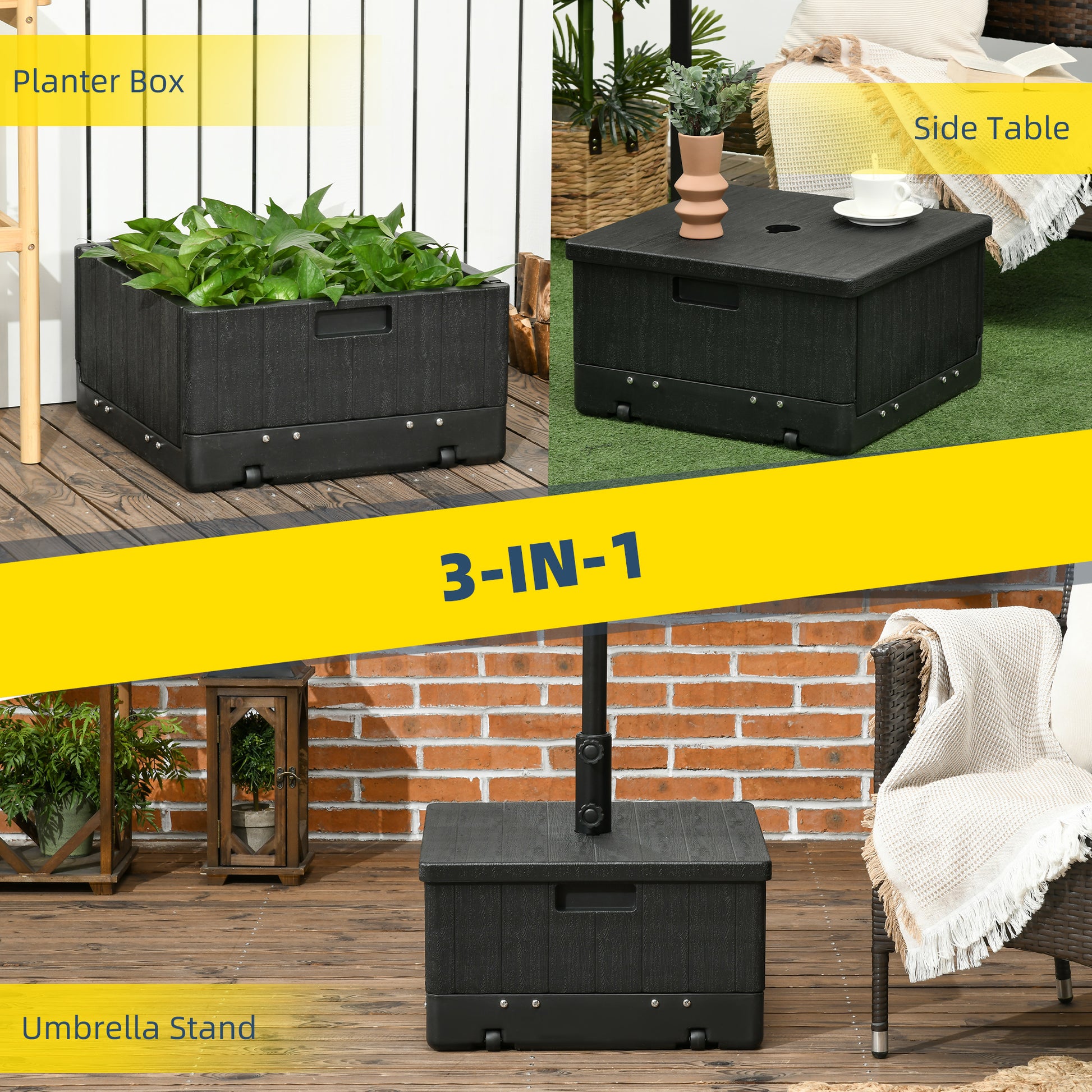 Outsunny 3 In 1 Outdoor Umbrella Base, Coffee End Table, Flower Box Planter, 175Lbs Capacity Patio Umbrella Stand Table With Wheels And Handles, Black Black Plastic