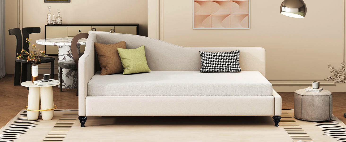 Twin Size L Shaped Linen Daybed, With Solid Wood Legs, Beige Old Sku: Sf000145Aaa Twin Beige Linen Mdf