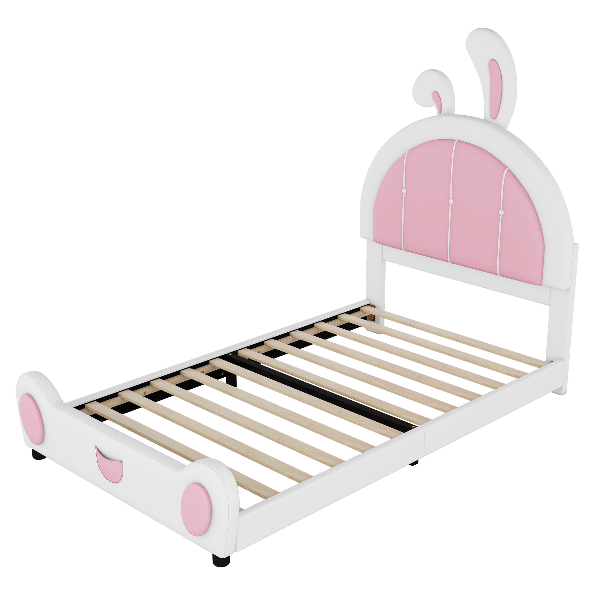 Twin Size Upholstered Platform Bed With Rabbit Shaped Headboard, White Box Spring Not Required Twin White Pink Wood Bedroom Bed Frame Faux Leather Upholstered