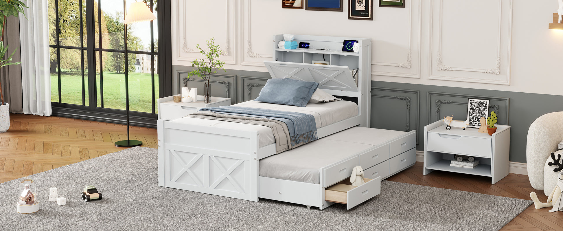 Twin Size Wooden Bed With Storage Headboard With Outlets, Extendable Bed With Twin Size Trundle With Three Storage Drawers,White Expected Arrival Time:8.23 Twin White Wood