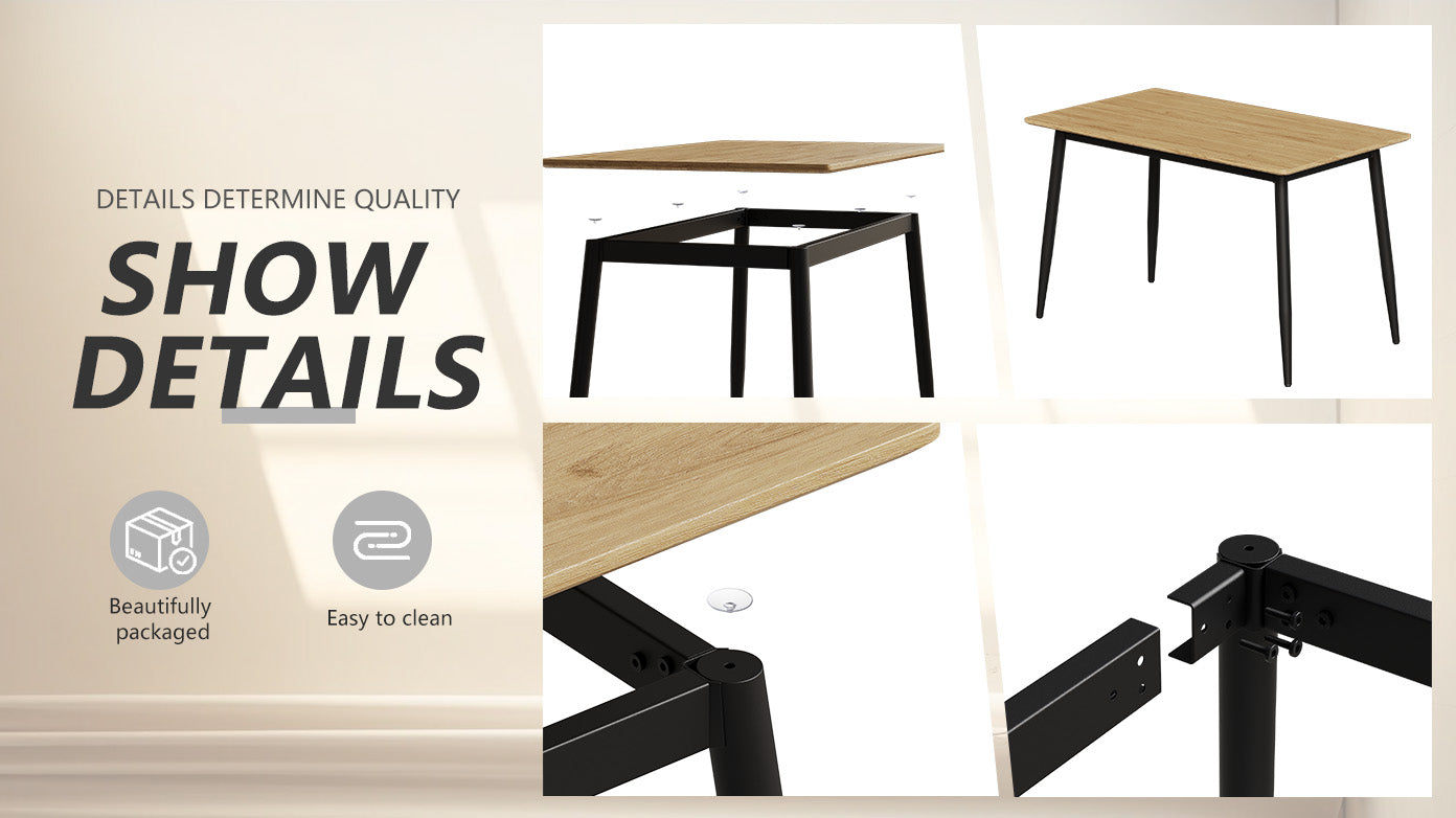 Modern Minimalist Wood Grain Tabletop Dining Table, Stylish Dining Table, Kitchen Dining Table, Sturdy And Durable, Easy To Assemble, Black Metal Leg Design, Suitable For 4 6 People, Suitable For