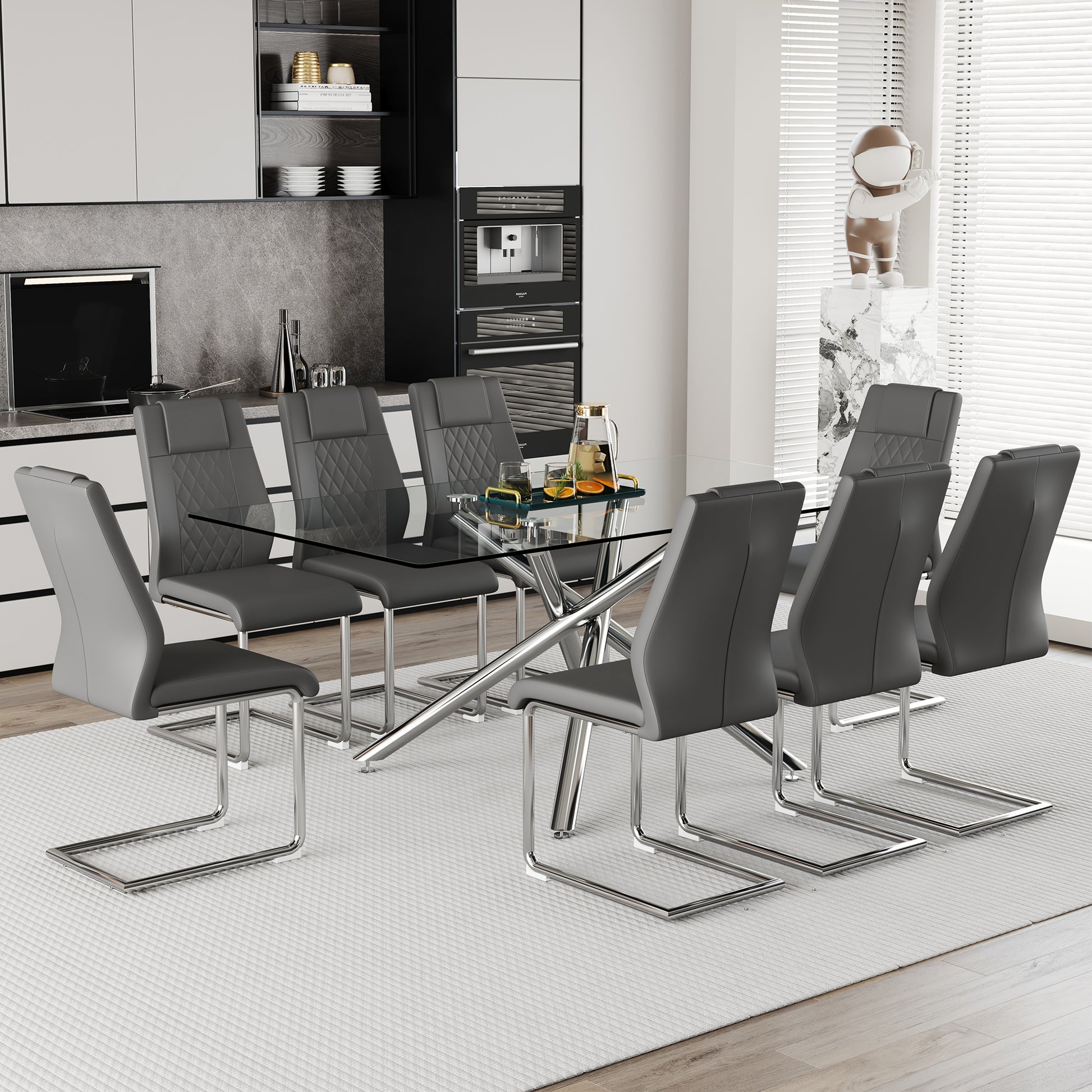 Table And Chair Set.Modern Luxurious Transparent Tempered Glass Dining Table Set With 8 Chairs.Single Fork Silver Metal Table Legs.Dark Gray High Quality Pu Dining Chairs With Silver Metal Legs.