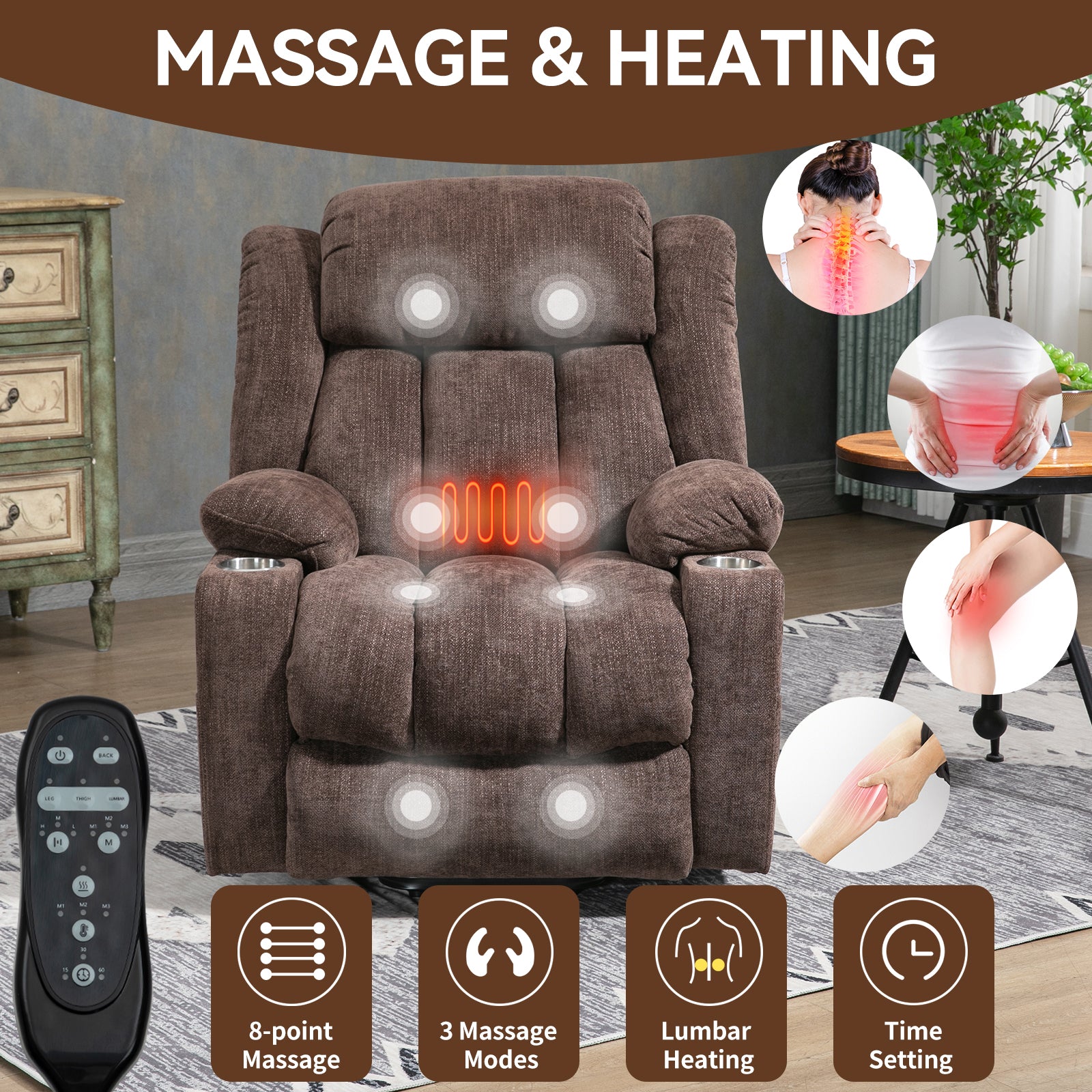 Up To 350 Lbs Chenille Power Lift Recliner Chair, Heavy Duty Motion Mechanism With 8 Point Vibration Massage And Lumbar Heating, Usb And Type C Ports, Stainless Steel Cup Holders, Brown White Metal Primary Living Space Heavy Duty Pine Brown Chenille