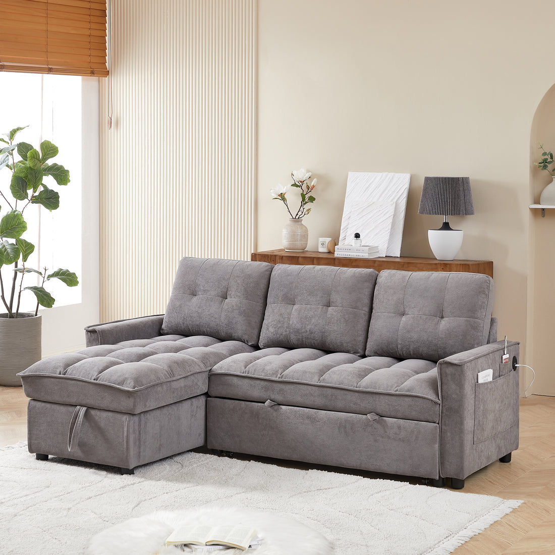 Mh 78.75" Reclining Sofa, Pull Out Sofa Bed With Usb And Tape C Charging Ports, L Shaped Sectional Sofa With Reclining Storage And Arm Side Organizer Pocket Features, Living Room Comfort Sofa Dark Grey Chenille Wood Primary Living Space Eucalyptus Foam