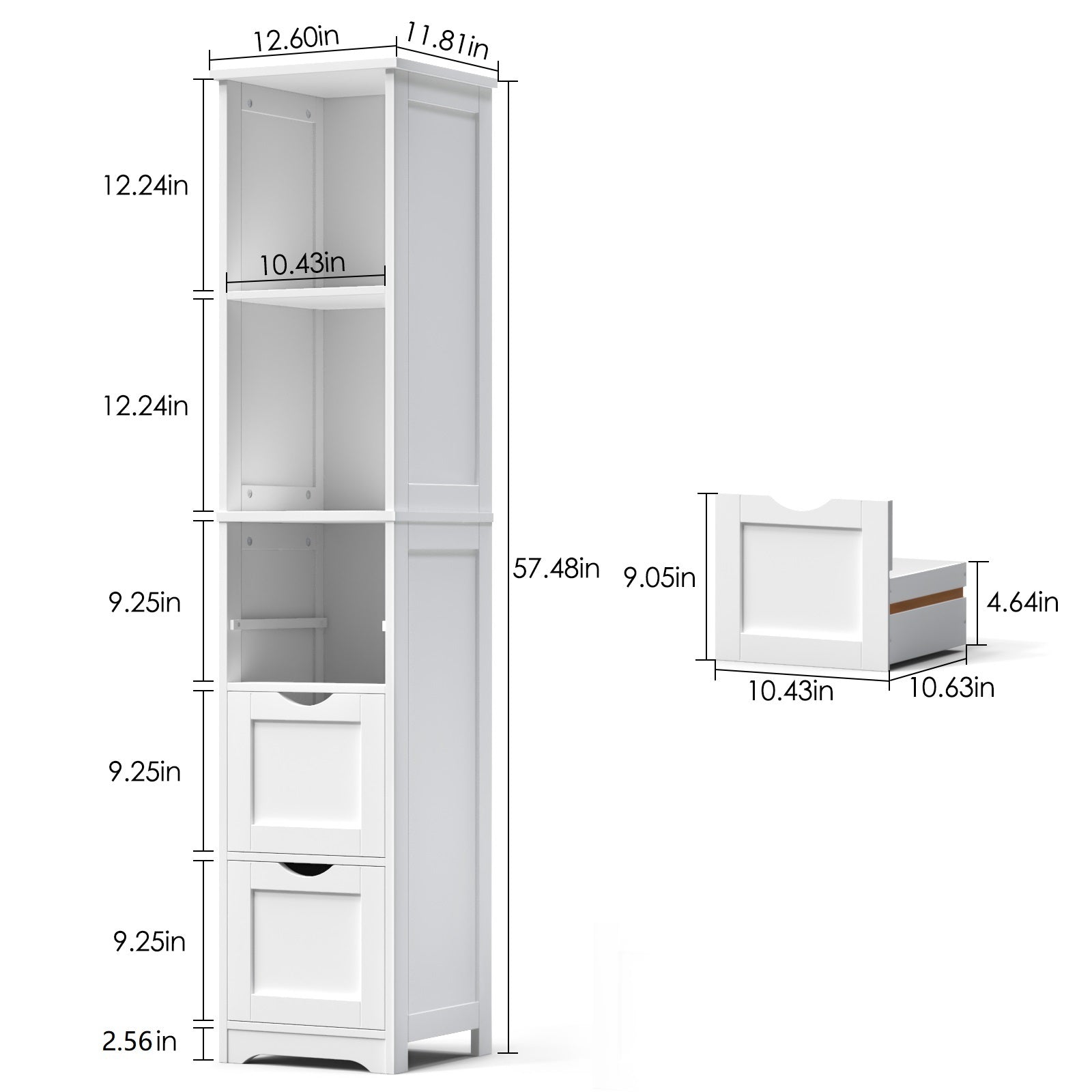 Bathroom Tall Storage Cabinet, Slim Free Standing Cabinet With 3 Drawers And 2 Shelves,Floor Cabinet For Small Space, 11.8" D X 12.6" W X 57.5" H, White Ameican White Oak Rubber Wood