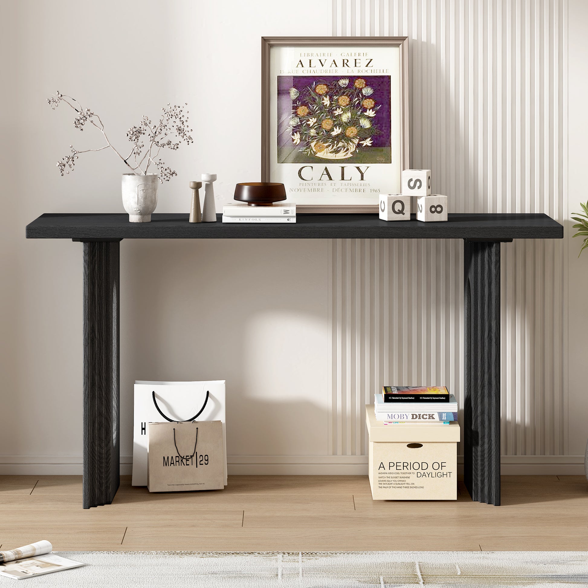 Uniquely Designed Console Table Made Of Fraxinus Mandschuric Solid Wood Veneer,With Distinctive Round Hollow Legs, Suitable For Foyer, Living Room, Or Hallway. Black Mdf