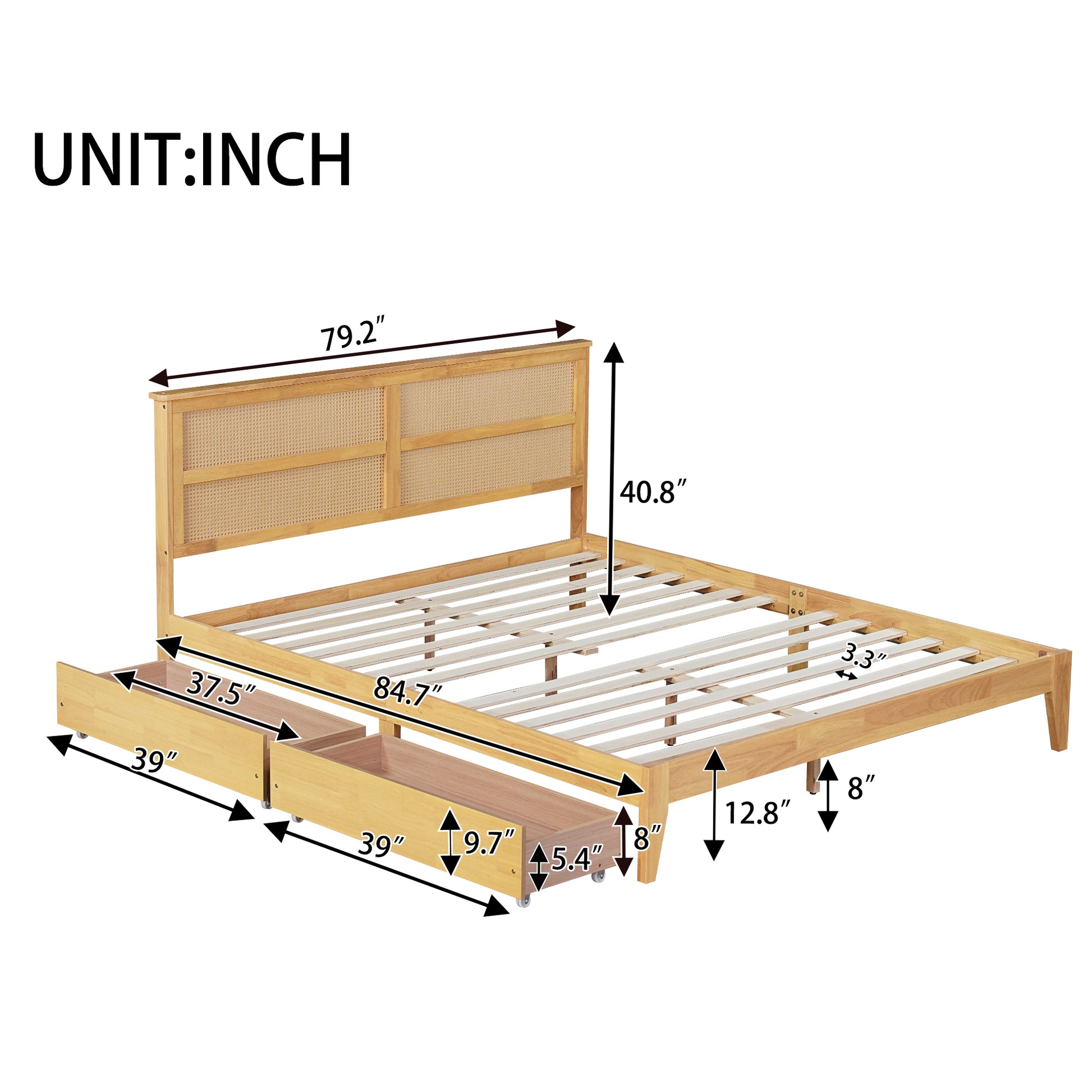 King Size Bed With Rattan Headboard, Two Storage Drawers, Rubber Wood Bed With Enhanced Support Salts And Feet,White Oak King White Oak Rubber Wood