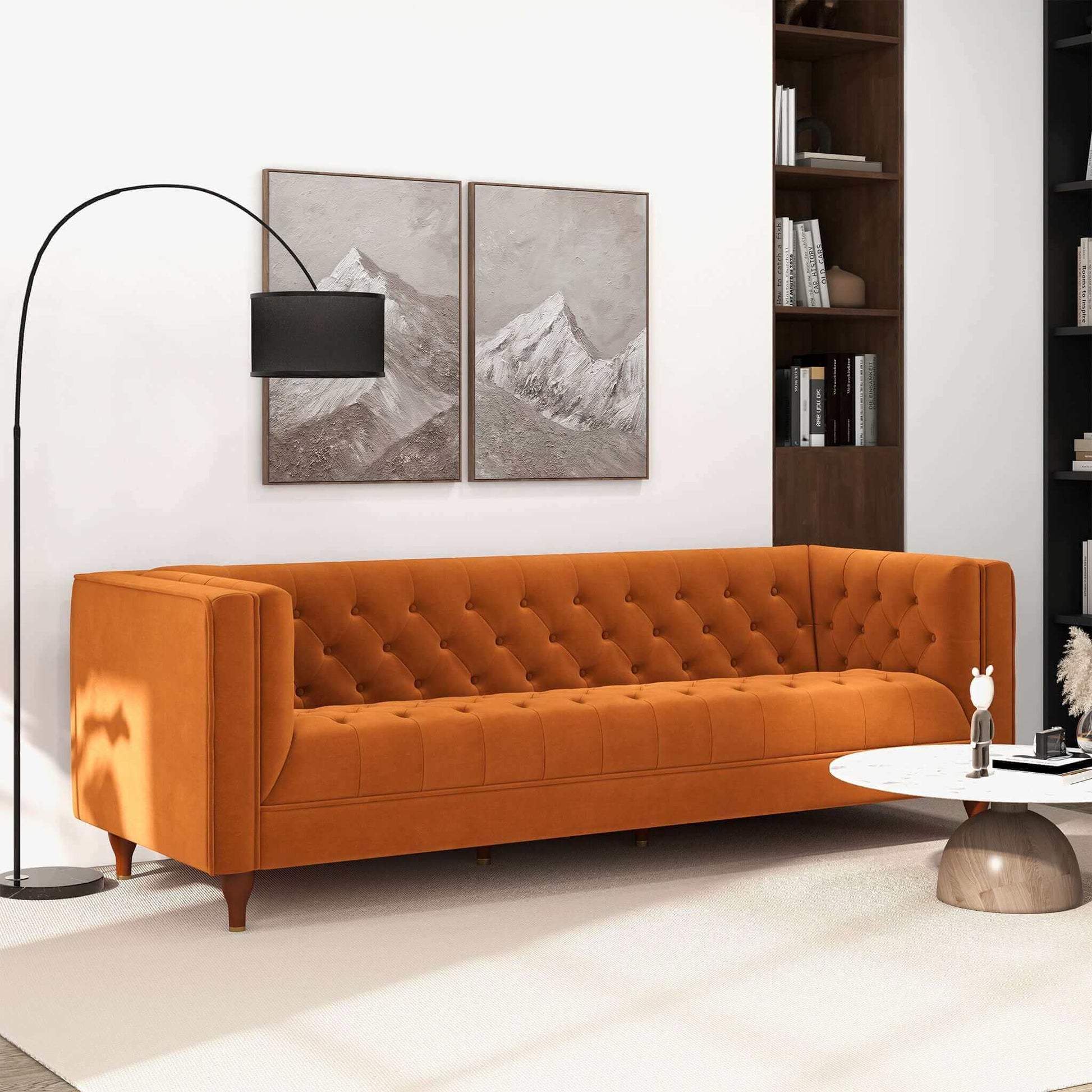 Evelyn Mid Century Modern Burnt Orange Velvet Luxury Chesterfield Sofa Brown,Burnt Orange Brown Velvet Wood Primary Living Space Tufted Back Mid Century Modern Engineered Hardwood Foam Solid