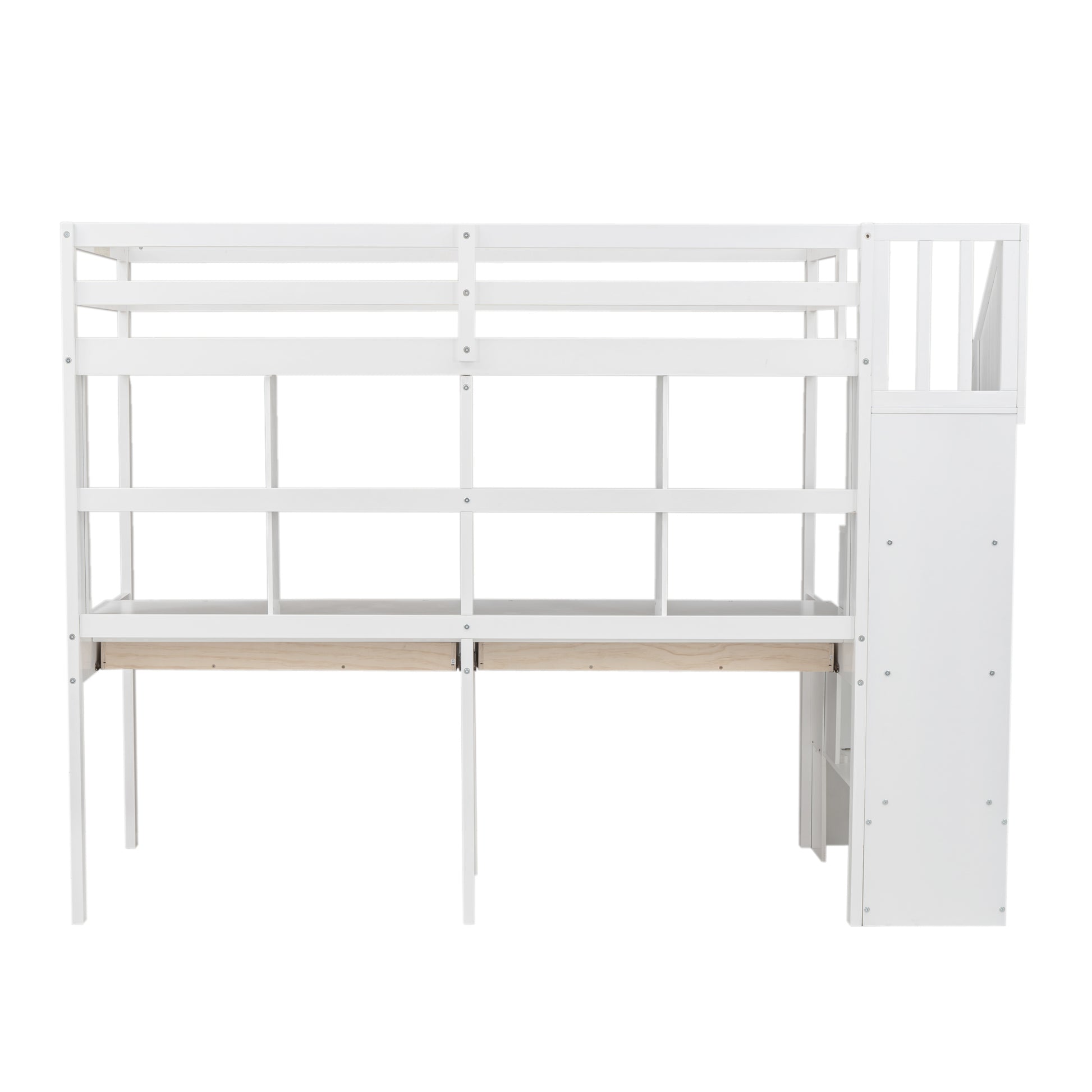 Twin Size Loft Bed Frame With Storage Staircase And Double Desks And Shelves,White Twin White Solid Wood Mdf