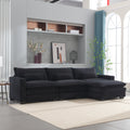 L Shape Sofa Couch With Usb & Cup Holders, Corduroy Stripe Fabric 3 Seater Sofa With 1 Ottoman, Black Black Wood 4 Seat