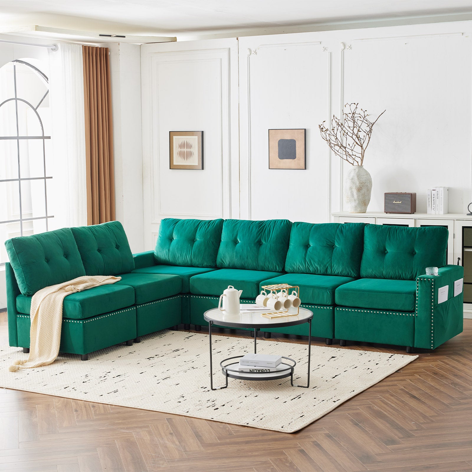 Velvet Modular Combination Sofa With Storage, Living Room Combination Sleeper Sofa Green Green Wood Primary Living Space Cushion Back Extra Heavy Duty Modern Foam Velvet 6 Seat