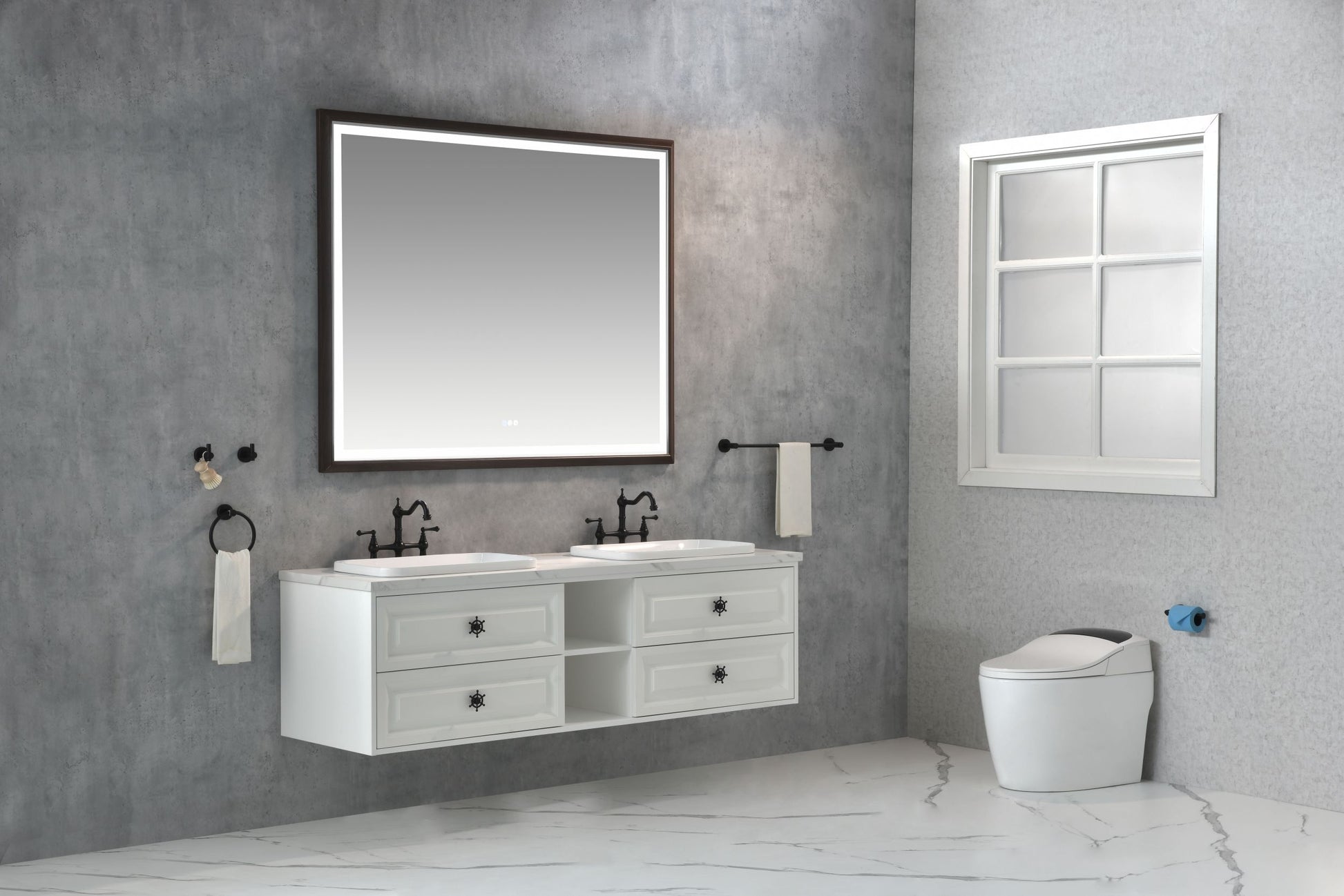 Bathroom Led Mirror Is Multi Functional And Each Function Is Controlled By A Smart Touch Button. Brown Aluminium