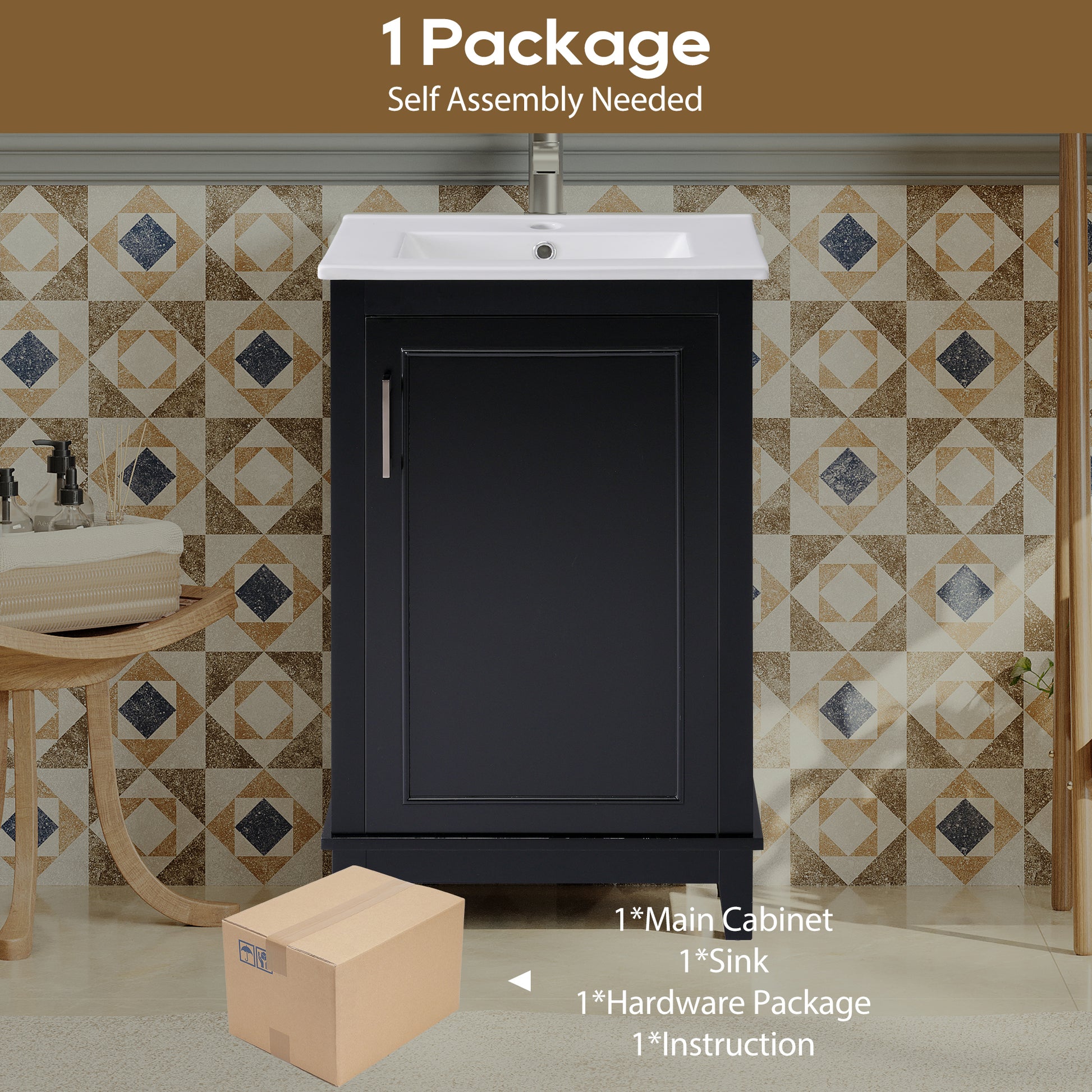 Viedo 20 Inch Modern Small Bathroom Vanity Cabinet With Ceramic Basin 20*15.5*33.3 Inches,Ample Storage,1 Soft Close Door Black Bathroom Solid Wood Mdf