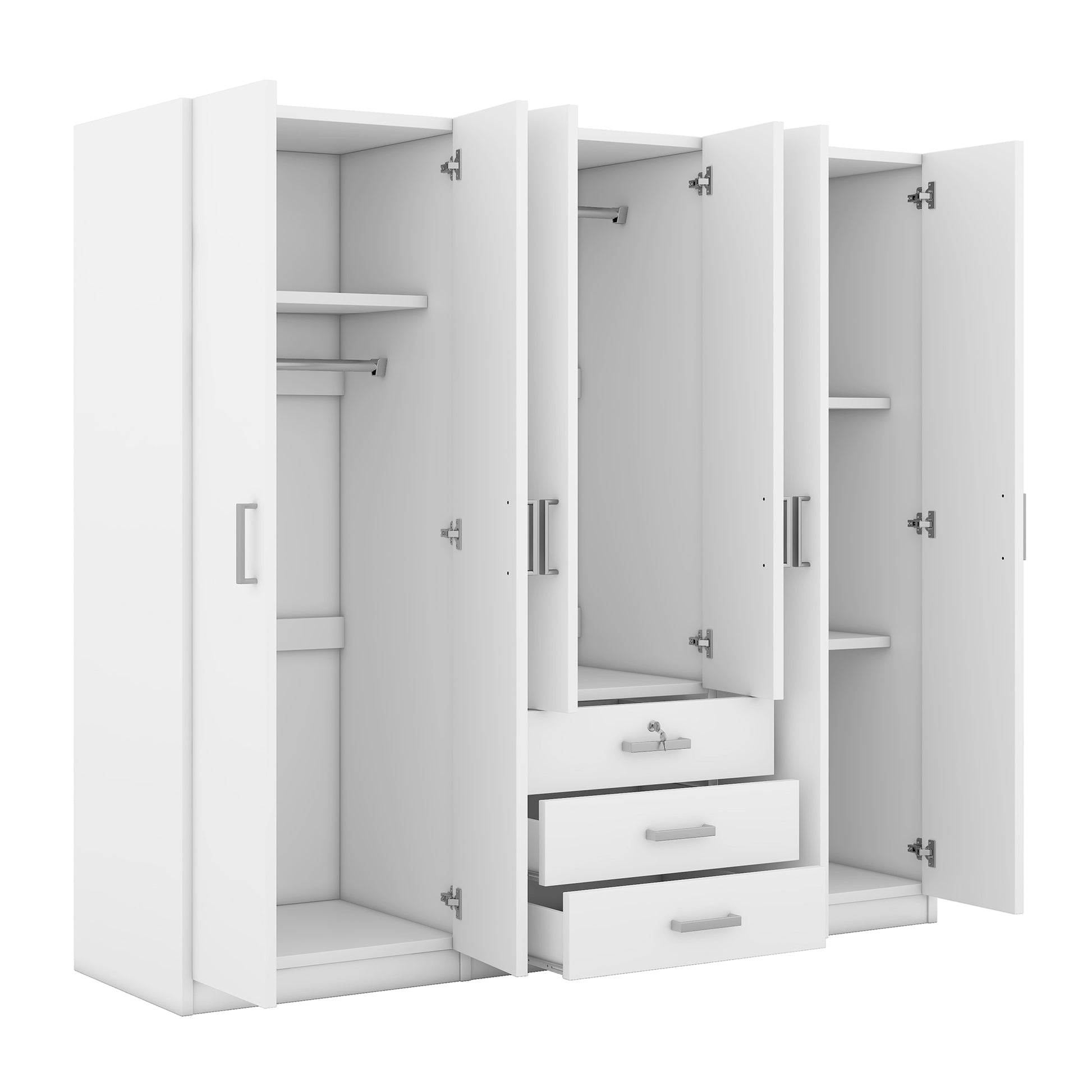 6 Doors Wooden Wardrobe Storage For Bedroom, With Big Drawers, White White Plywood