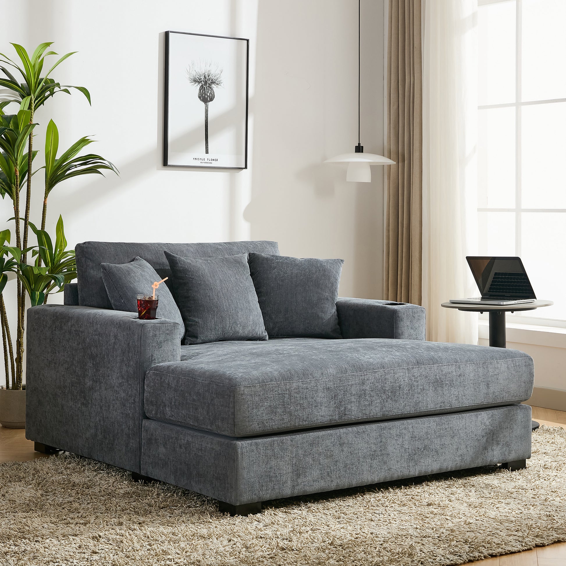 55" Oversized Chaise Lounger Modern Style Sofa Couch ,With Pillows, Charge Station & Cup Holders, Chenille Fabric, Blue Gray Blue Gray Chenille