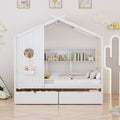 Wooden Full Size House Bed With 2 Drawers,Kids Bed With Storage Shelf, White Full White Solid Wood