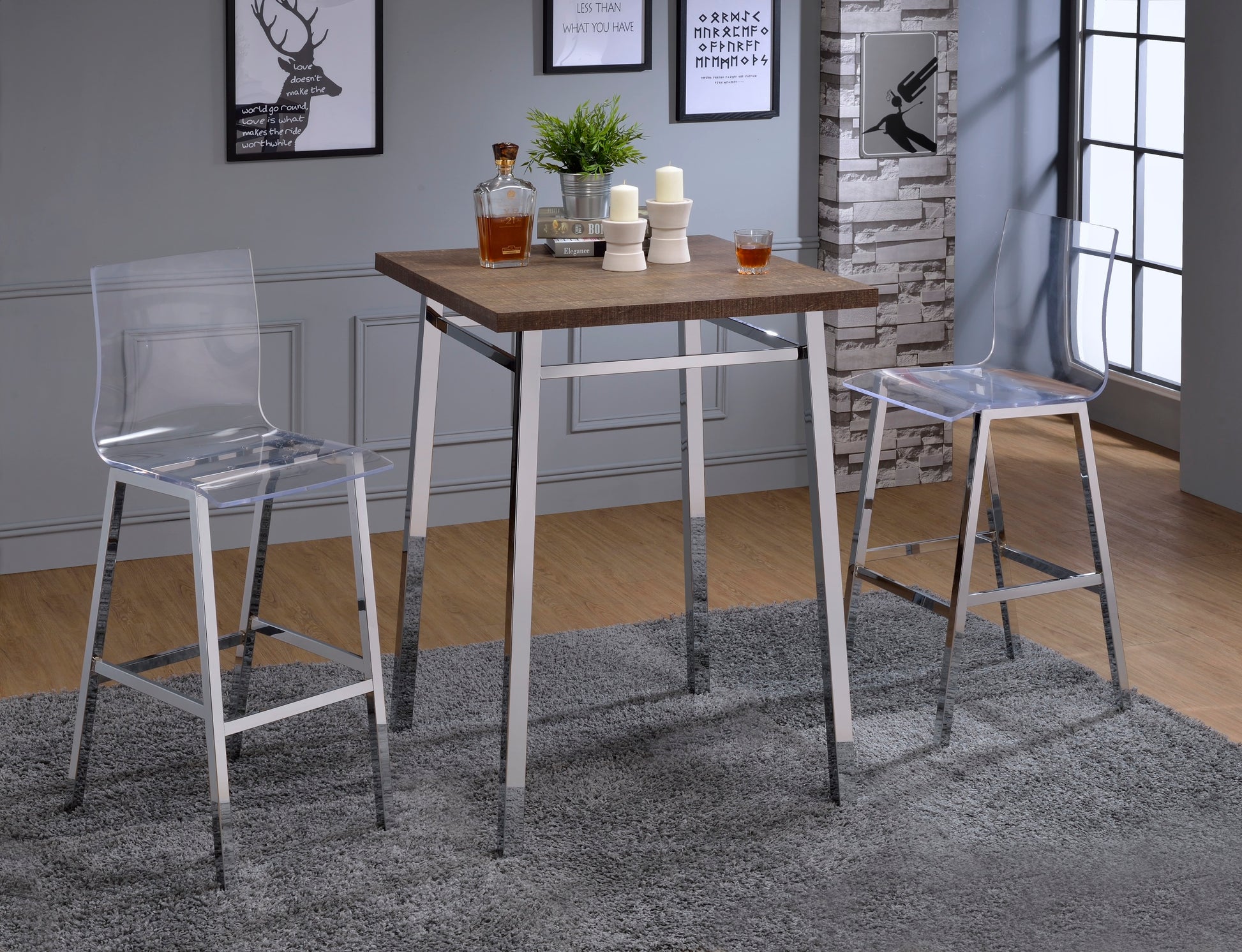 Oak And Chrome Square Bar Table Oak Primary Living Space Contemporary Rectangular Wood Metal