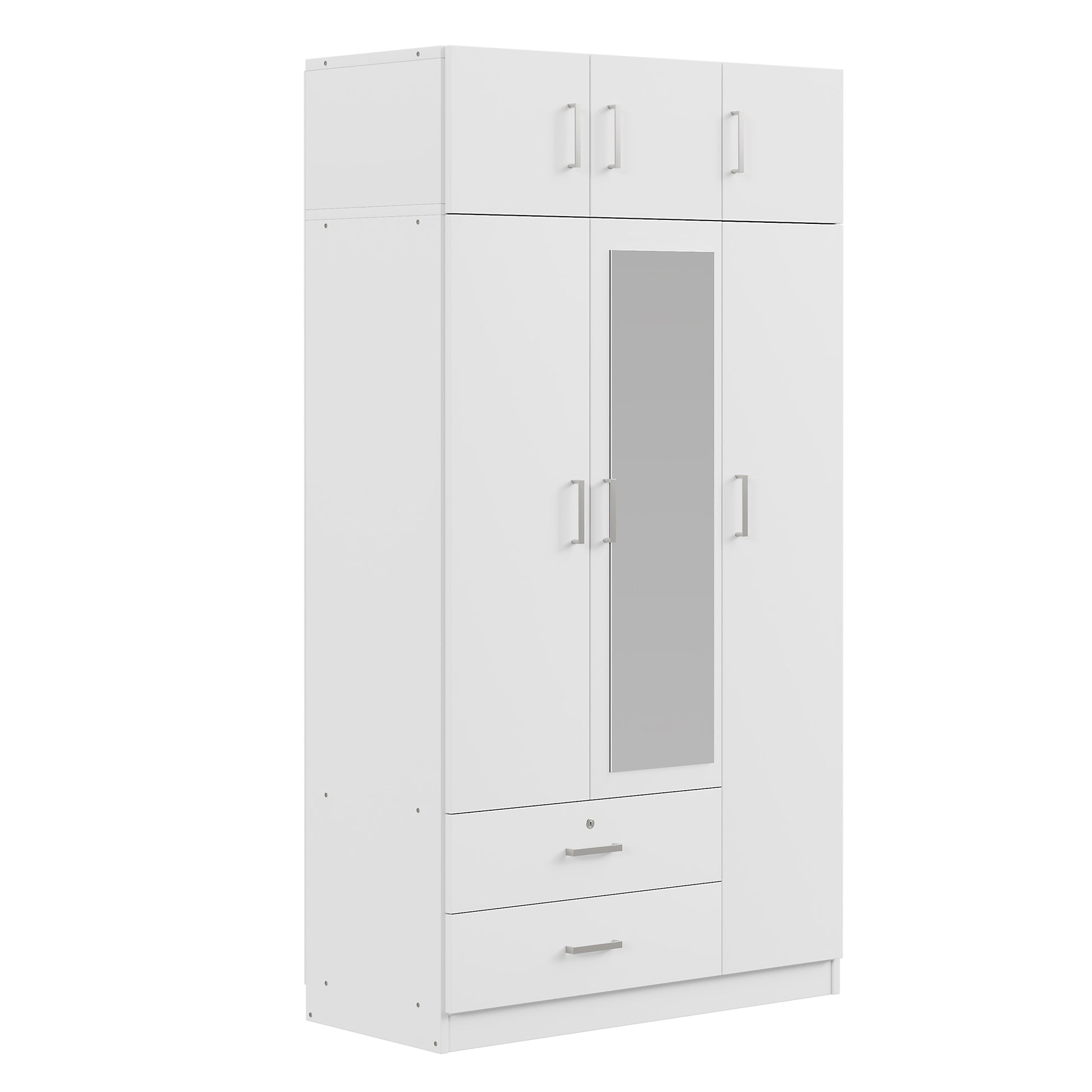 3 Door Mirror Wardrobe With 2 Drawers And Top Cabinet,White White Particle Board