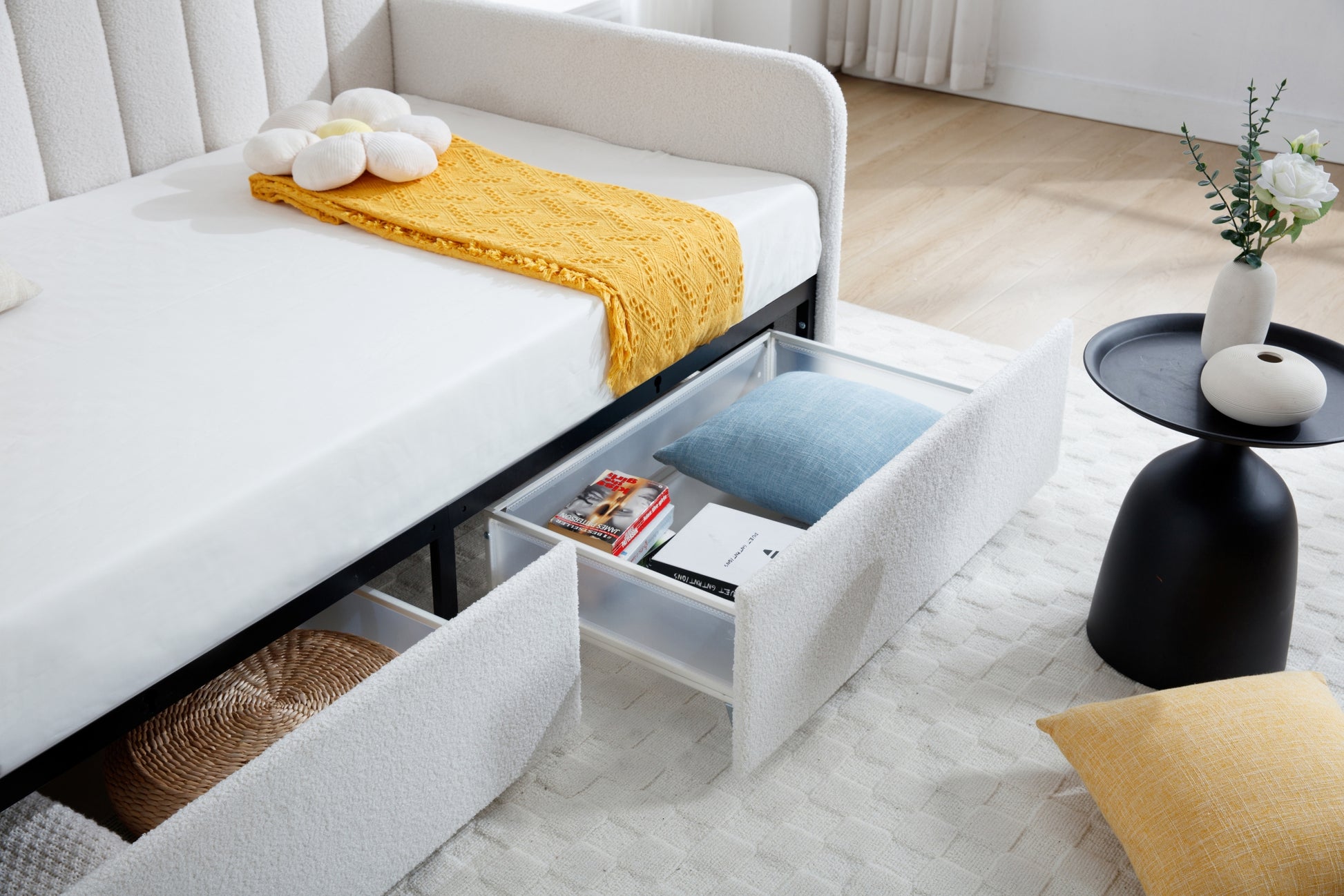 Flora Upholstered Daybed With 2 Drawers, Twin, Ivory Boucle, Ribbed Tufted Backrest, Daybed In Lavish Modern Design Box Spring Not Required Twin Ivory Metal Bedroom Classic,Contemporary,Minimalist,Traditional,Transitional Upholstered Upholstered