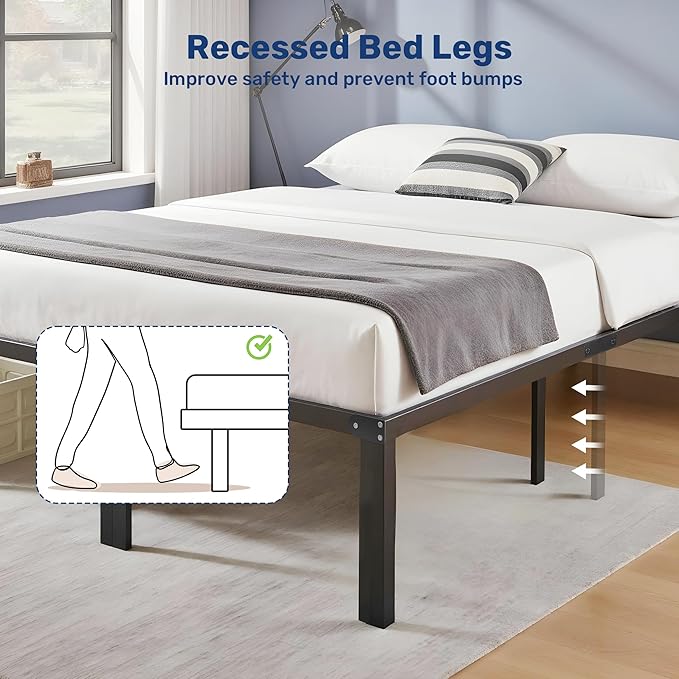 King Size Bed Frame, 14 Inch Platform Bed No Box Spring Needed, Sturdy Metal Bed Frame King Size, Storage Space Under The Bed Heavy Duty Frame Bed, Black Black Metal
