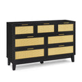 Bedroom 7 Drawer Dresser, Rattan Dresser Modern Wooden Chest Of Drawers With Spacious Storage Space For Bedroom Hallway Living Room Black Solid Wood Mdf