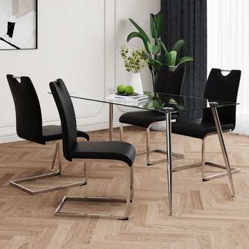 Modern Simple Rectangular Glass Dining Table, Solid Tempered Glass Tabletop, Electroplated Table Legs, Black Pu Dining Chair Set, Suitable For Restaurant Kitchen Use Set Of 5 Upholstered Chair Glass Black Pu Seats 4 Metal Rectangular Dining Table With