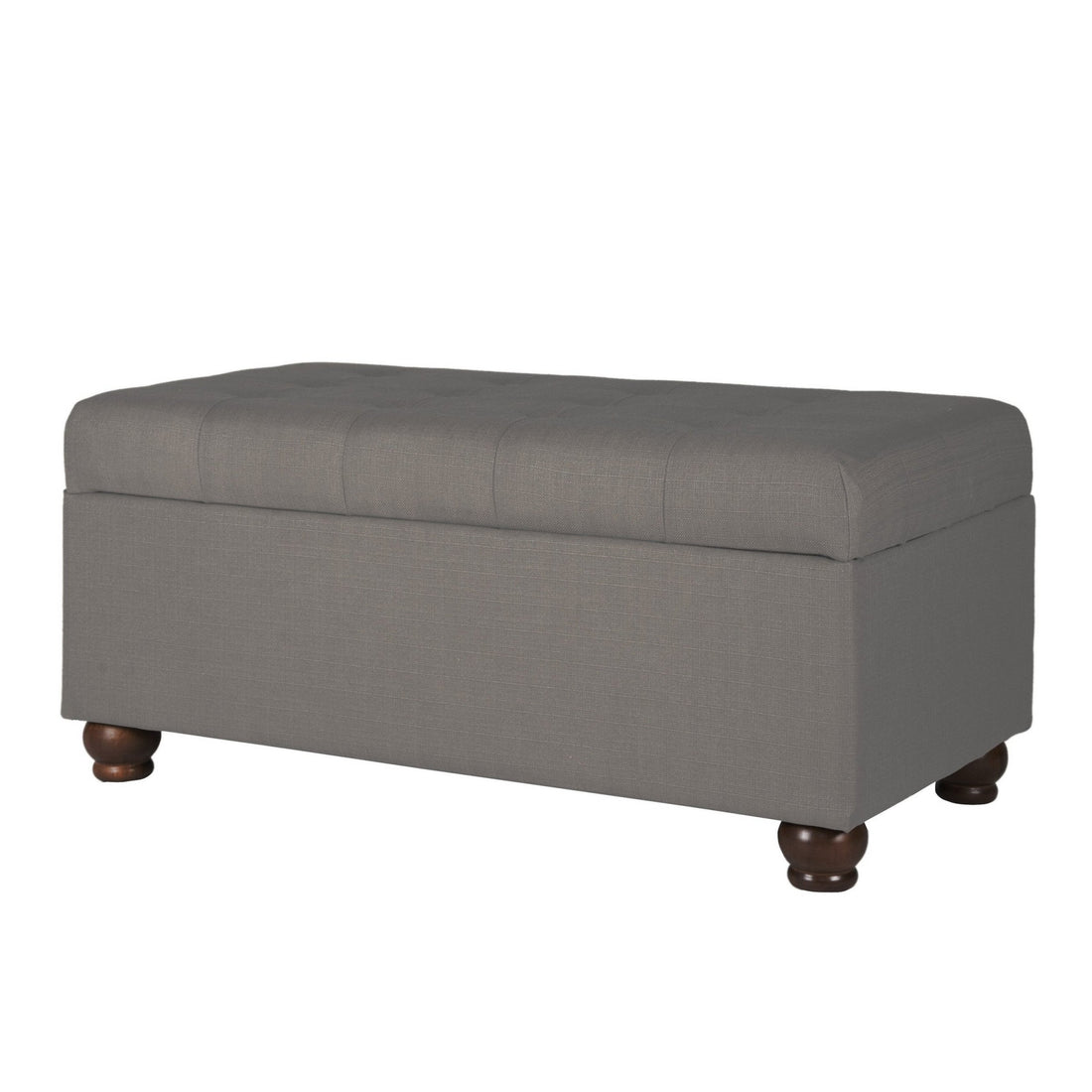 Textured Fabric Upholstered Button Tufted Storage Bench With Wooden Bun Feet, Gray And Brown Grey Brown Wood Fabric