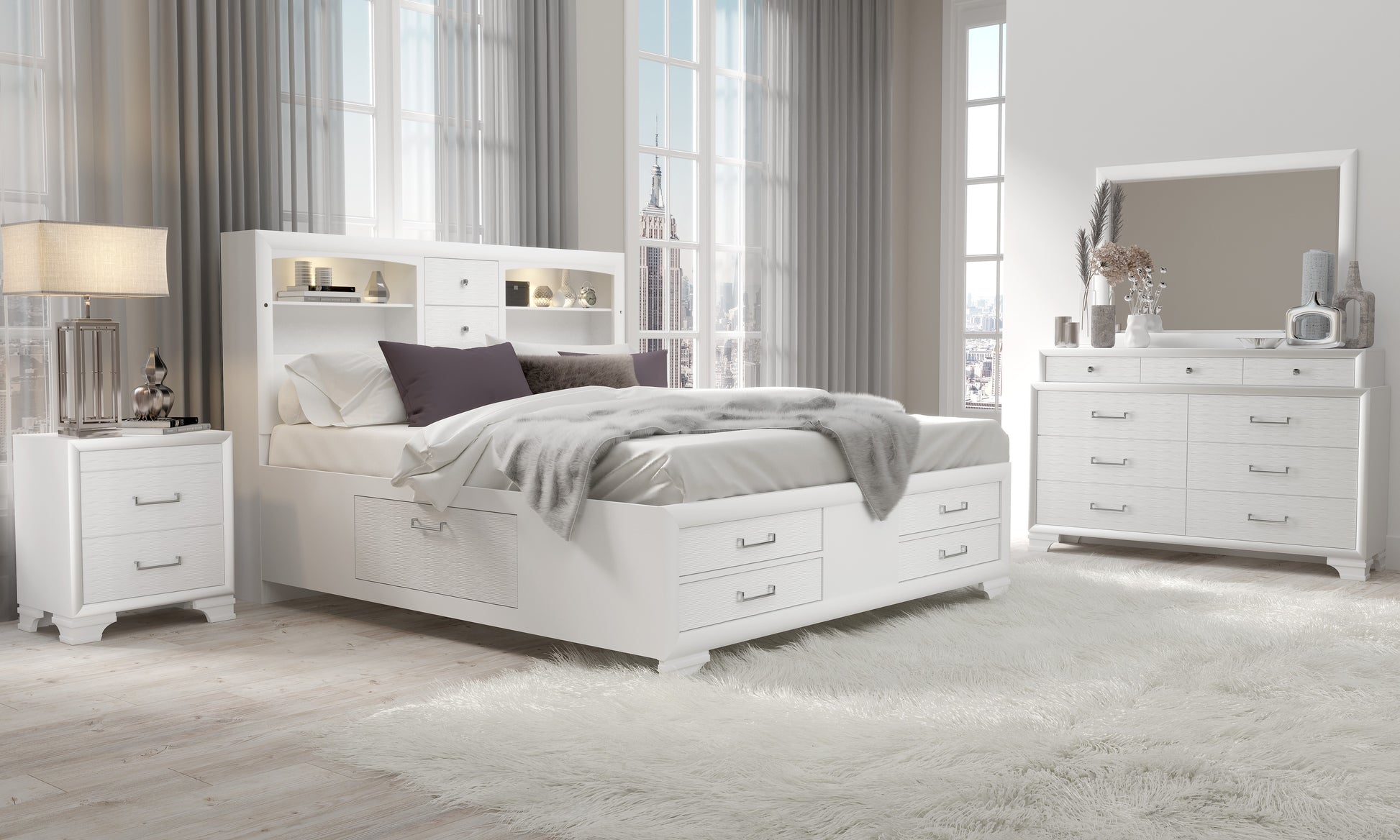 Civic White Queen Bed White Solid Wood Mdf