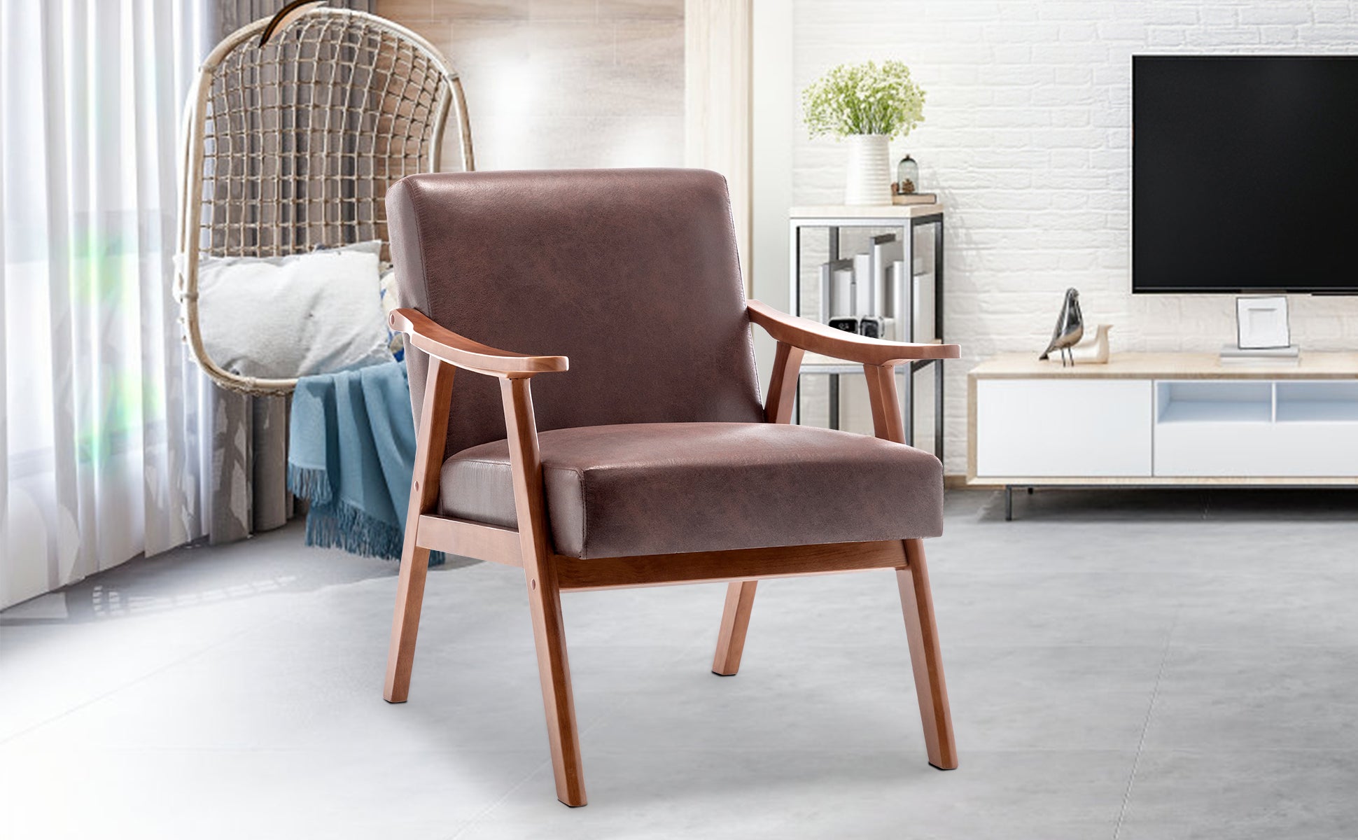 Mid Century Modern Chair, Living Room Chair With Solid Wood Frame, Accent Chair Extra Thick Backrest, Wingback Chair For Bedroom, Reading Room, Living Room, Lounge Chair Indoor Dark Brown Primary Living Space Mid Century Modern Foam Tech Cloth