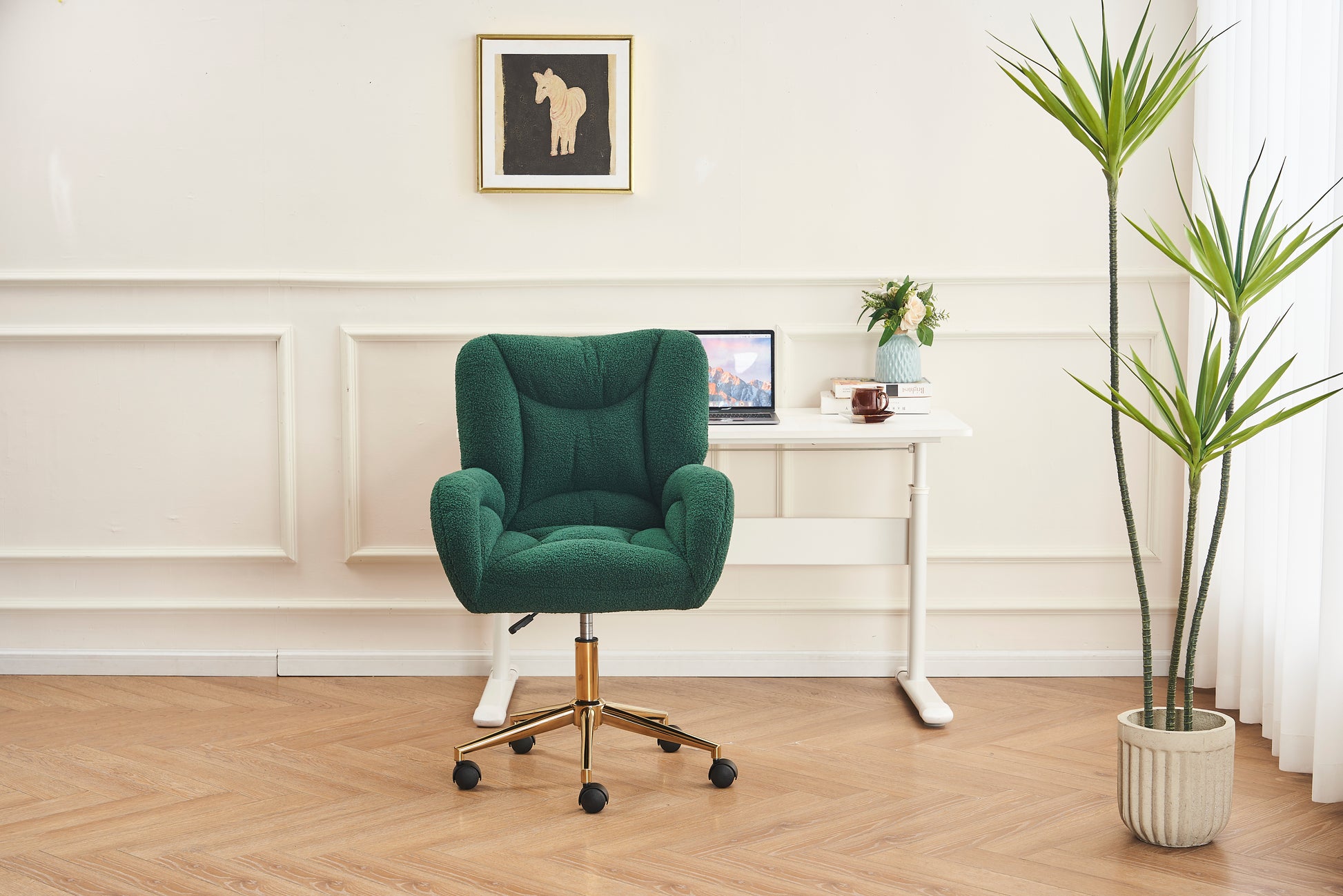 005 Teddy Fabric 360 Swivel Home Office Chair With Gold Metal Base And Universal Wheels,Green Solid Green Office Sponge Wipe Clean Modern Office Chairs Tufted Back Foam Swivel Teddy