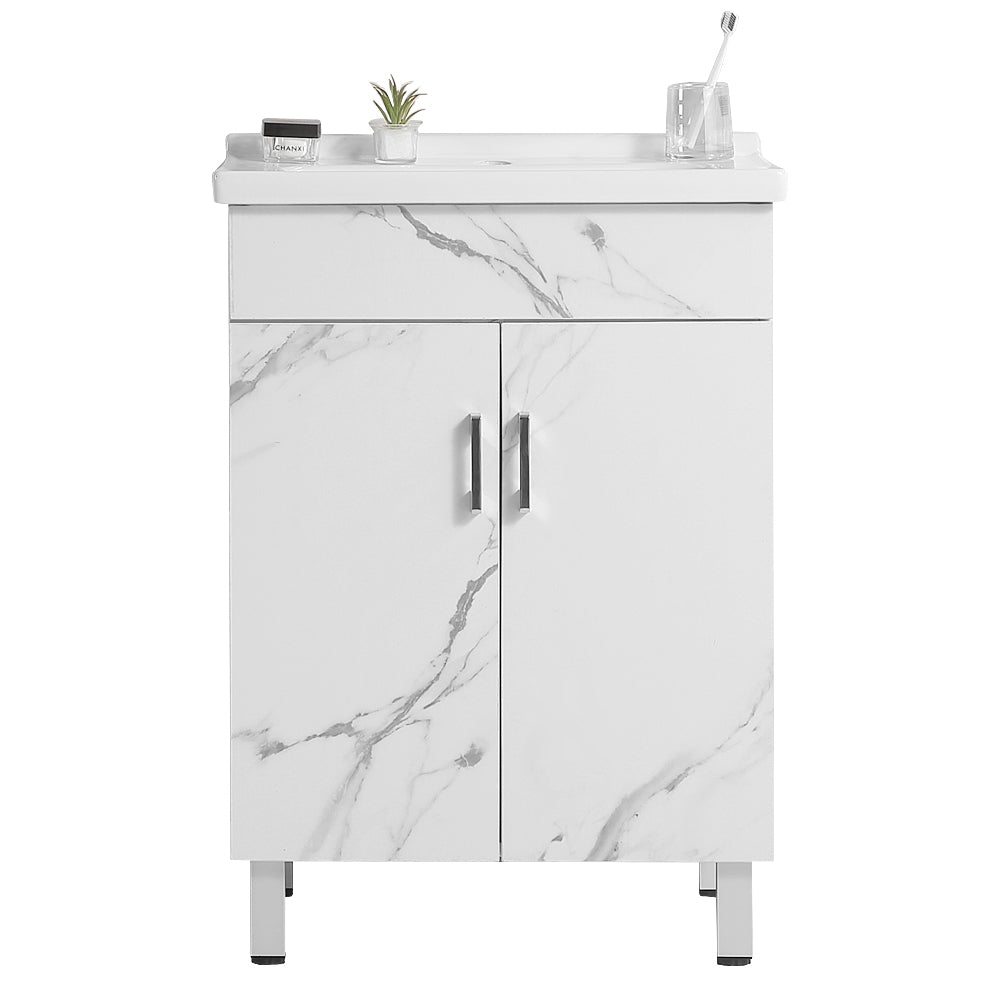 24 Inch Marble Textured Bathroom Cabinet With Ceramic Sink Marble Solid Wood