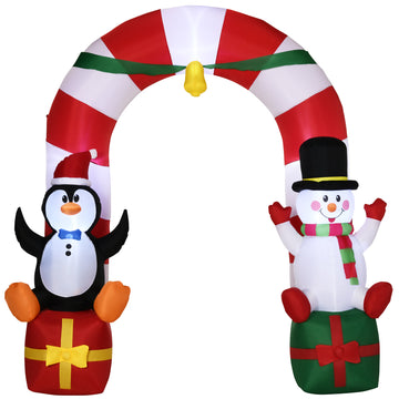 Outsunny 9Ft Christmas Inflatables Outdoor Decorations Candy Cane Archway With Penguin Snowman Sit On Gift Box, Blow Up Led Yard Christmas Decor For Lawn Garden White Polyester