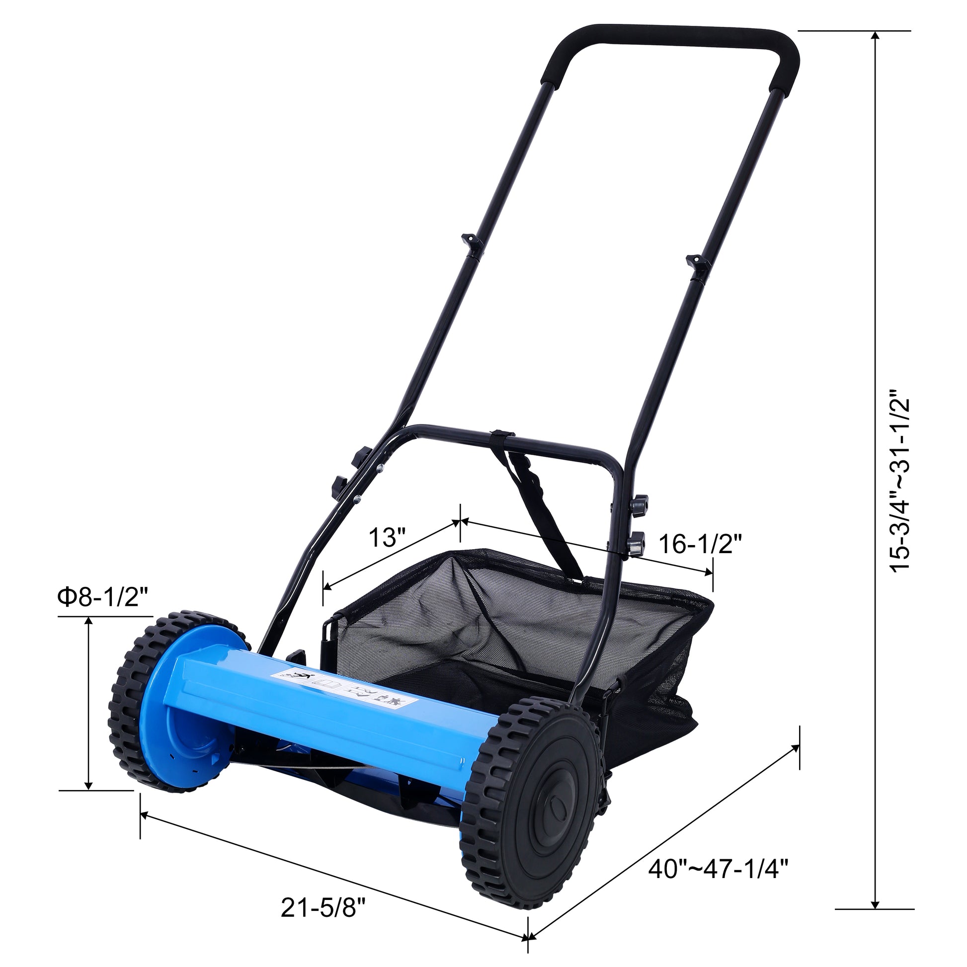 16 Inch 5 Blade Push Reel Lawn Mower With Grass Catcher, Blue Color Blue Steel