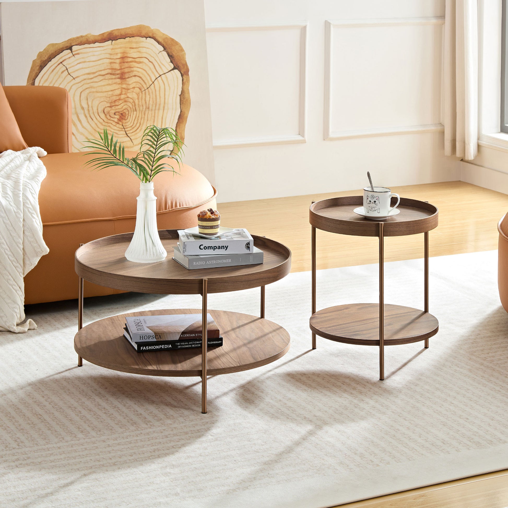 2 Piece Modern 2 Tier Round Coffee Table Set For Living Room,Easy Assembly Nesting Coffee Tables, End Side Tables For Bedroom Office Balcony Yard,Walnut Mdf Walnut Mdf Metal