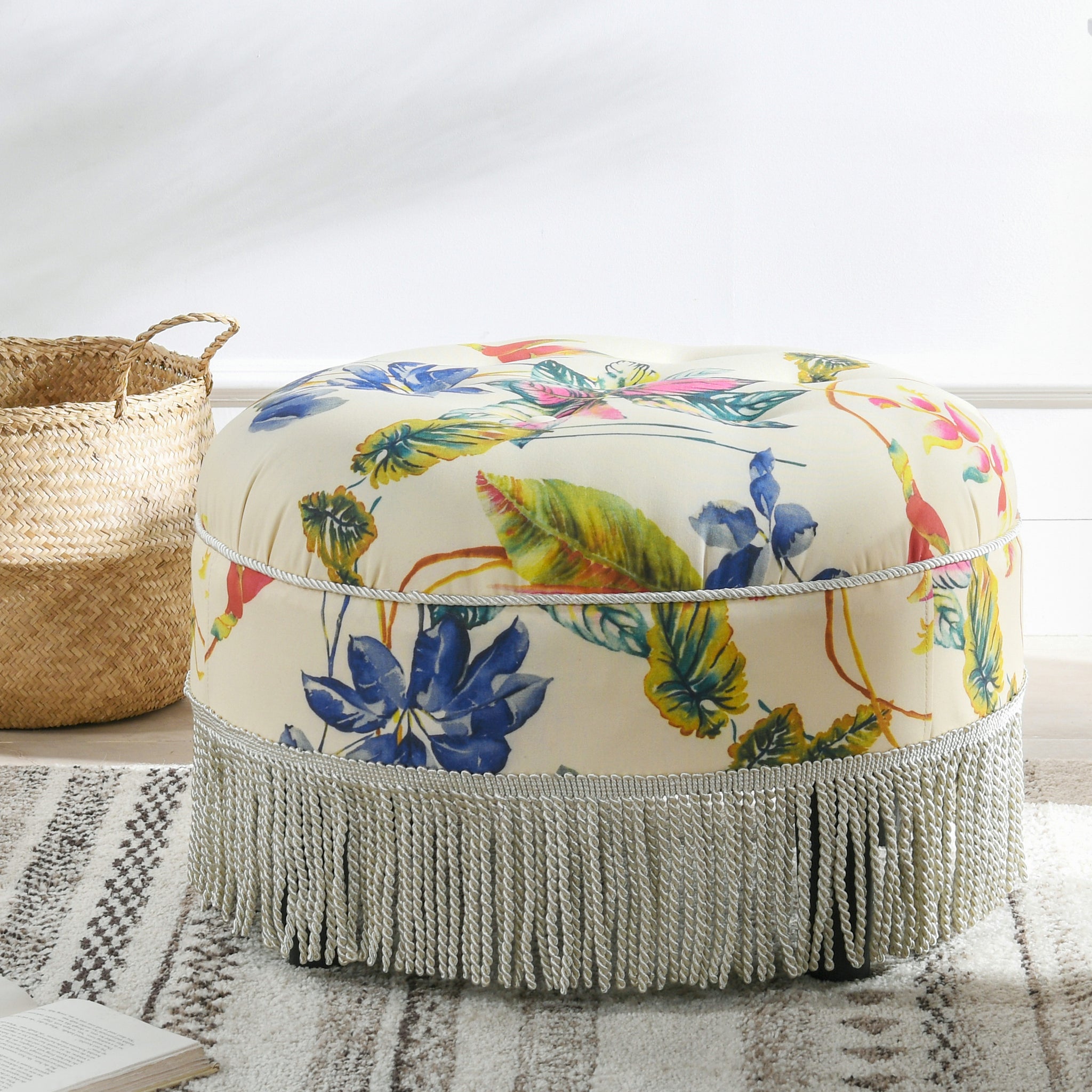 Yolanda 24" Round Upholstered Accent Ottoman, Beige & Tropical Floral With Ivory Trim Beige Foam Fabric