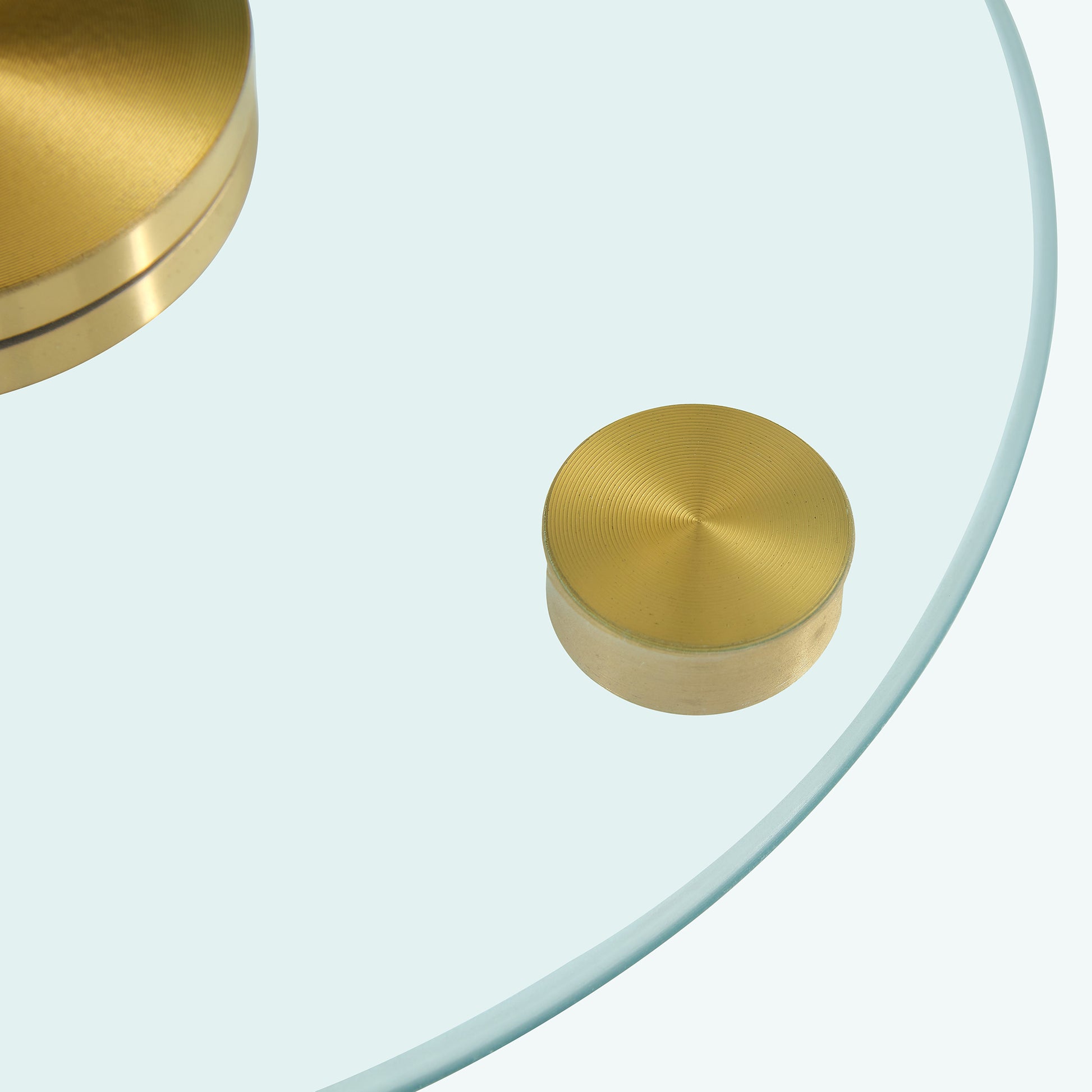 Double Layer Rotatable Round Glass.Golden Aluminum Plate,The Rotatable Design Makes It Convenient To Retrieve And Place Items.The Upper Glass Has A Diameter Of 24 Inches, The Lower Glass15 Inches.