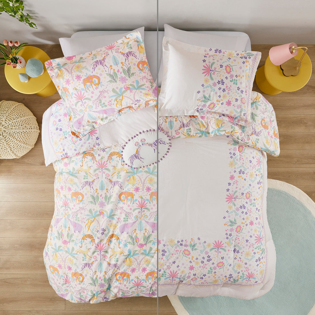 Floral Reversible Cotton Duvet Cover Set With Throw Pillow Queen Multicolor Cotton